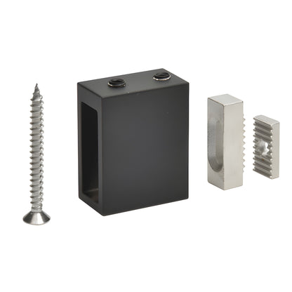 Matte black stainless steel adjustable wall track holder kit (SERAHW2MBL) with screw and two metal clamps.