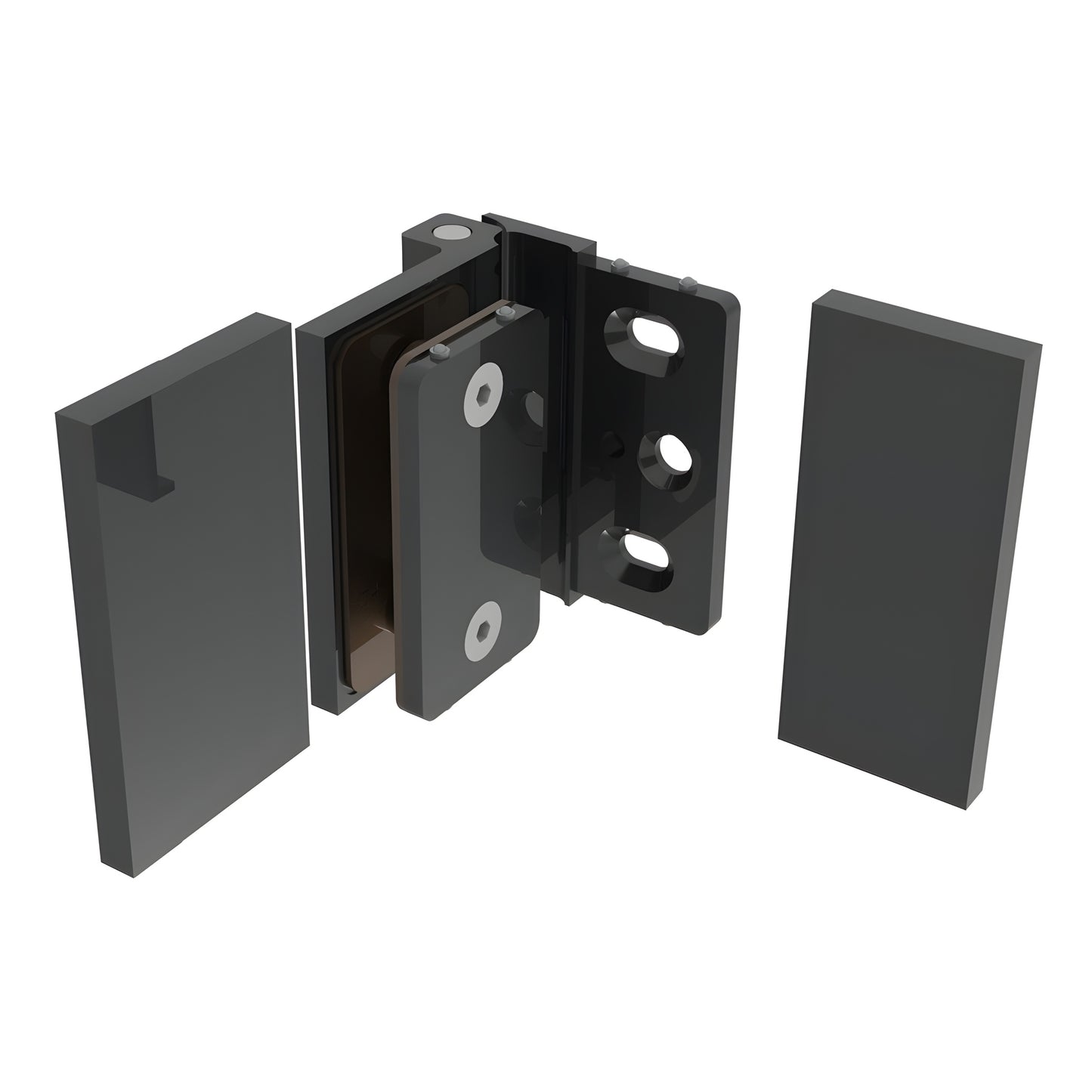 Matte black Como wall-mount shower hinge (SKU C0M044MBL) for 8-10mm glass, 180 free-swing, low-profile brass design.