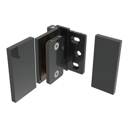 Matte black Como wall-mount shower hinge (SKU C0M044MBL) for 8-10mm glass, 180 free-swing, low-profile brass design.
