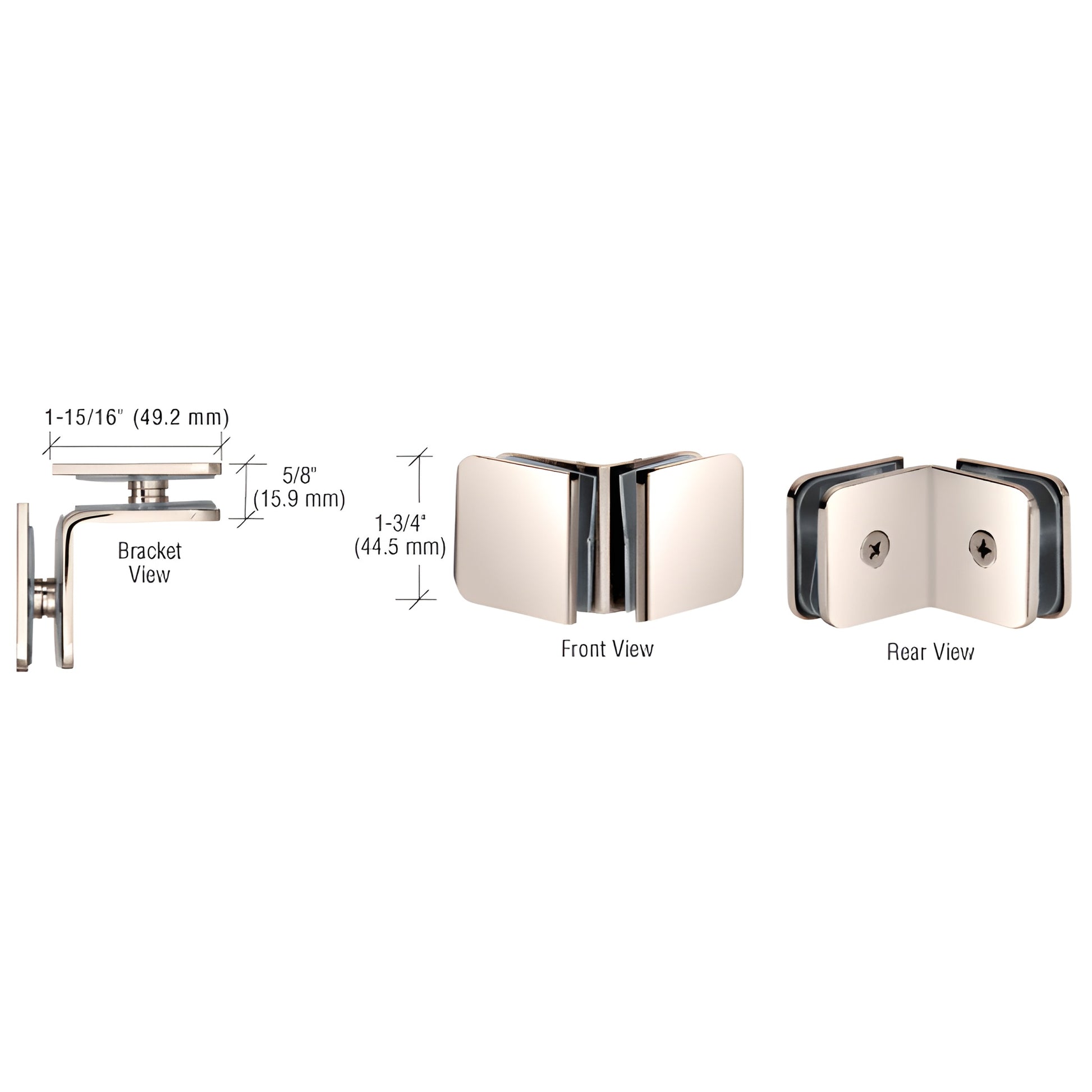 GCB91PN polished nickel oversized 90 brass glass clamp, front/rear/bracket views for 8-12mm frameless shower glass