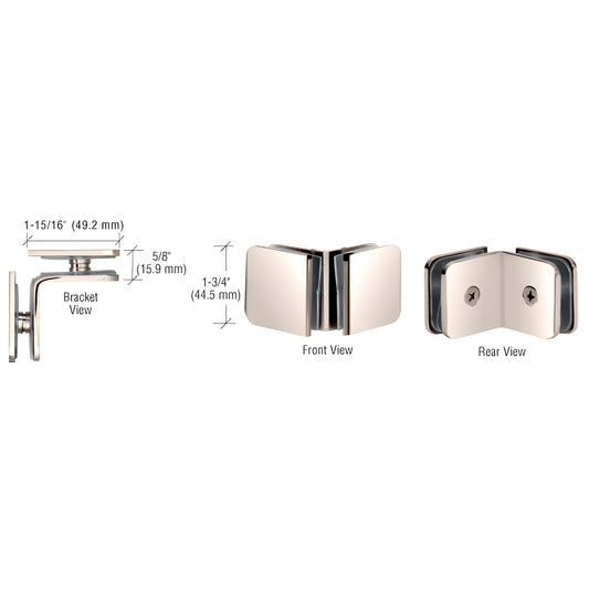 GCB91PN polished nickel oversized 90 brass glass clamp, front/rear/bracket views for 8-12mm frameless shower glass