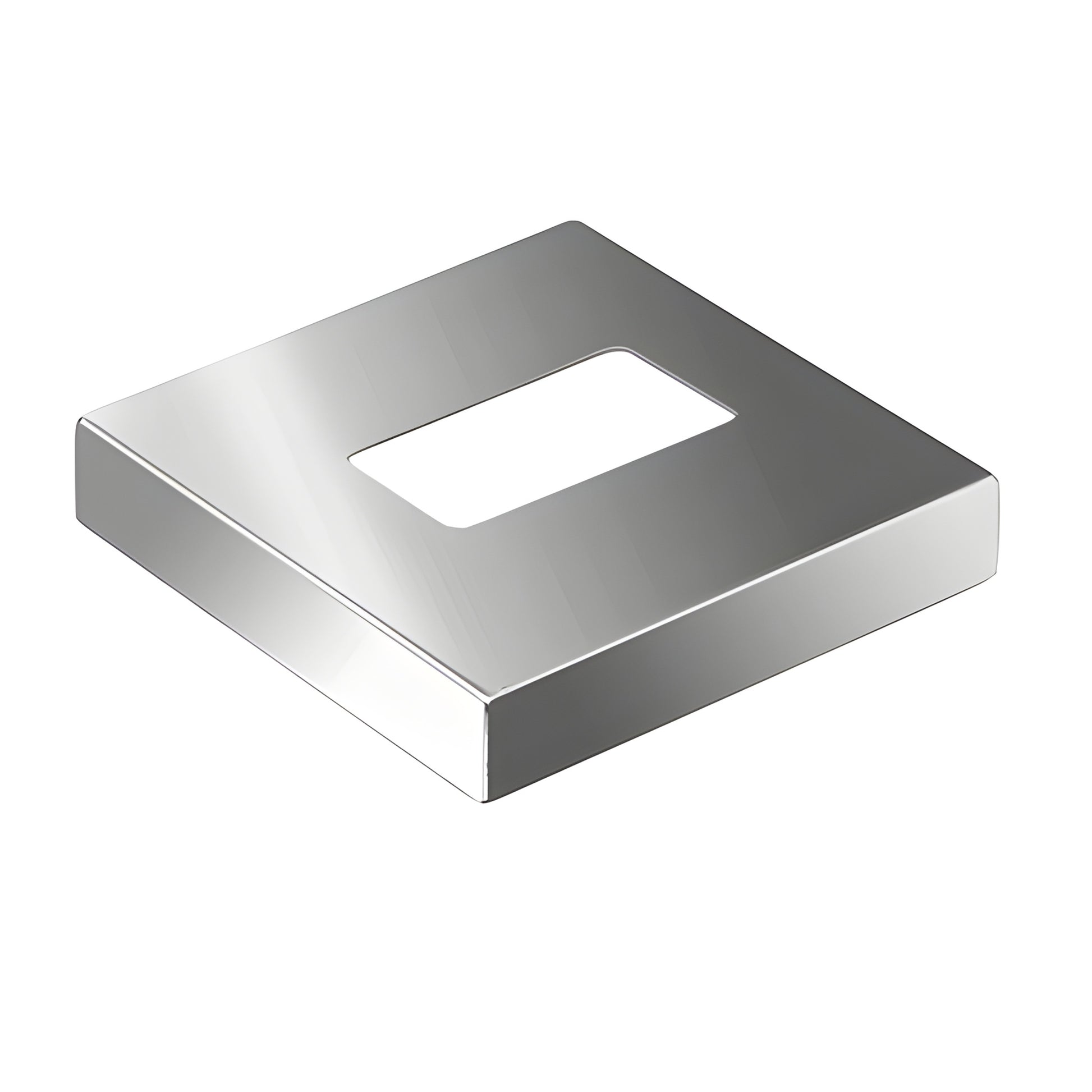 Polished stainless steel 5x5 square base flange cover with rectangular center cutout, 1in high (SKU P9FCPS)