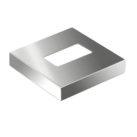 Polished stainless steel 5x5 square base flange cover with rectangular center cutout, 1in high (SKU P9FCPS)