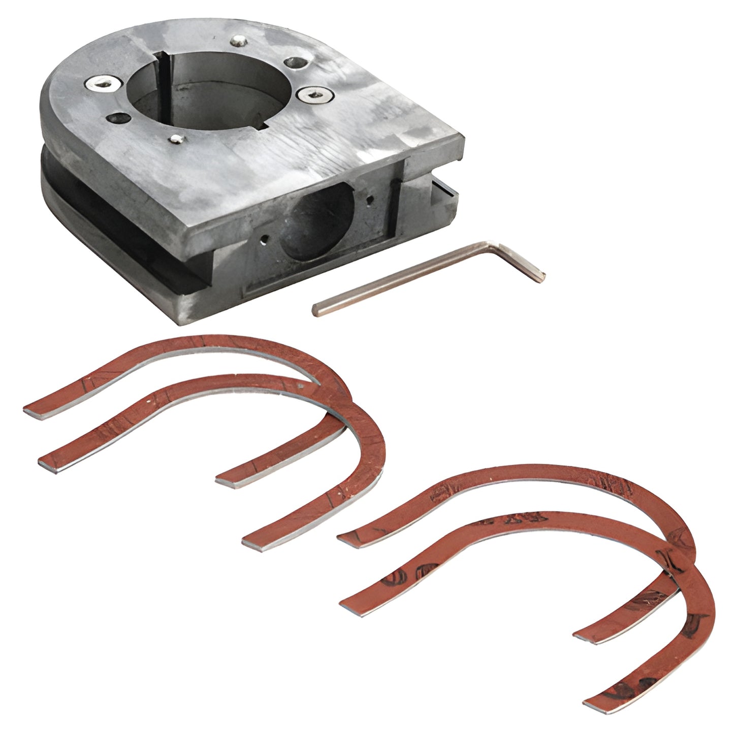 CRL LCLB lever lock base housing for 3/8"-1/2" glass, reversible metal base shown with copper shims and Allen wrench.