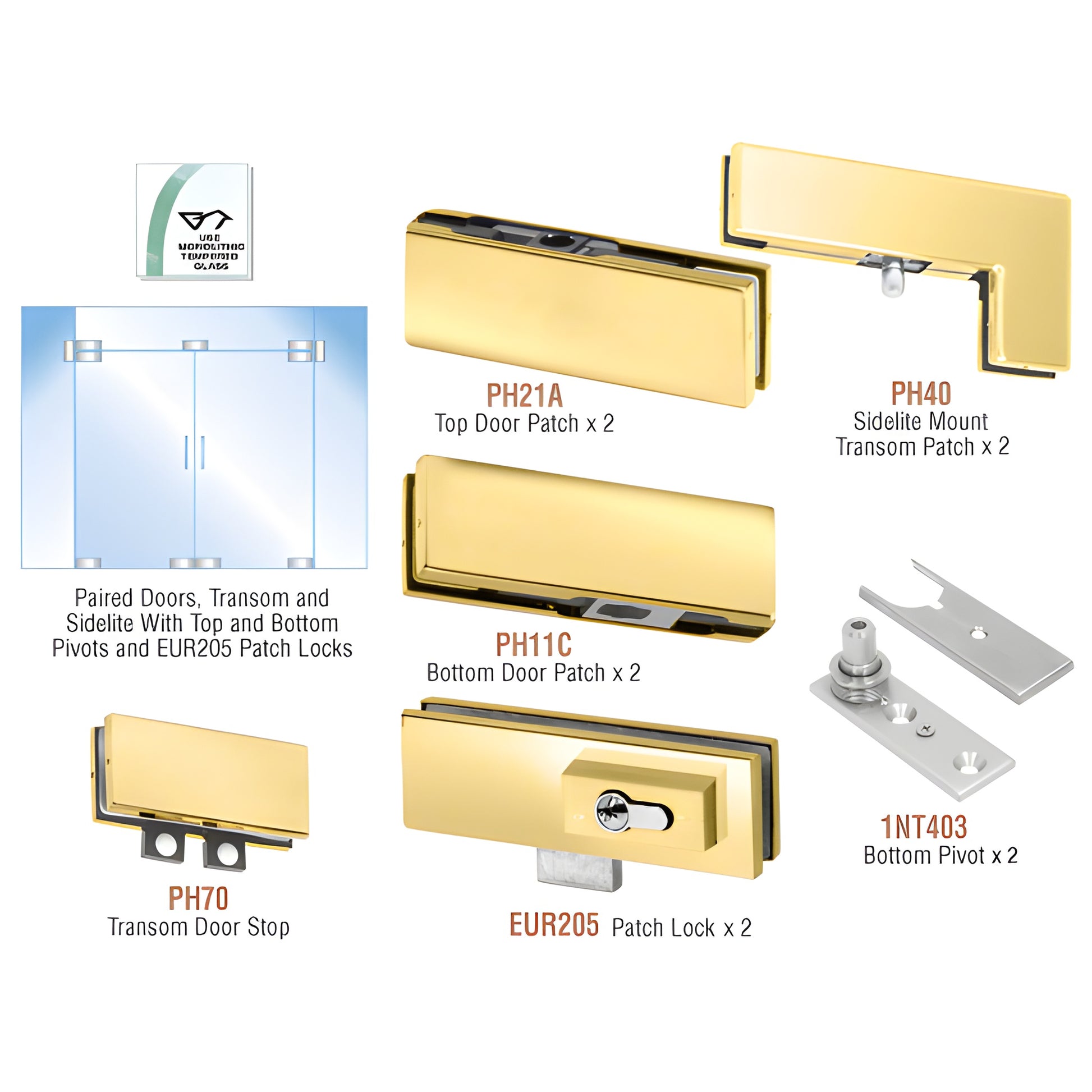 PHE8LBR polished brass European double-door pivot kit with transom and sidelites - patches, pivots, locks for 3/8-1/2" glass