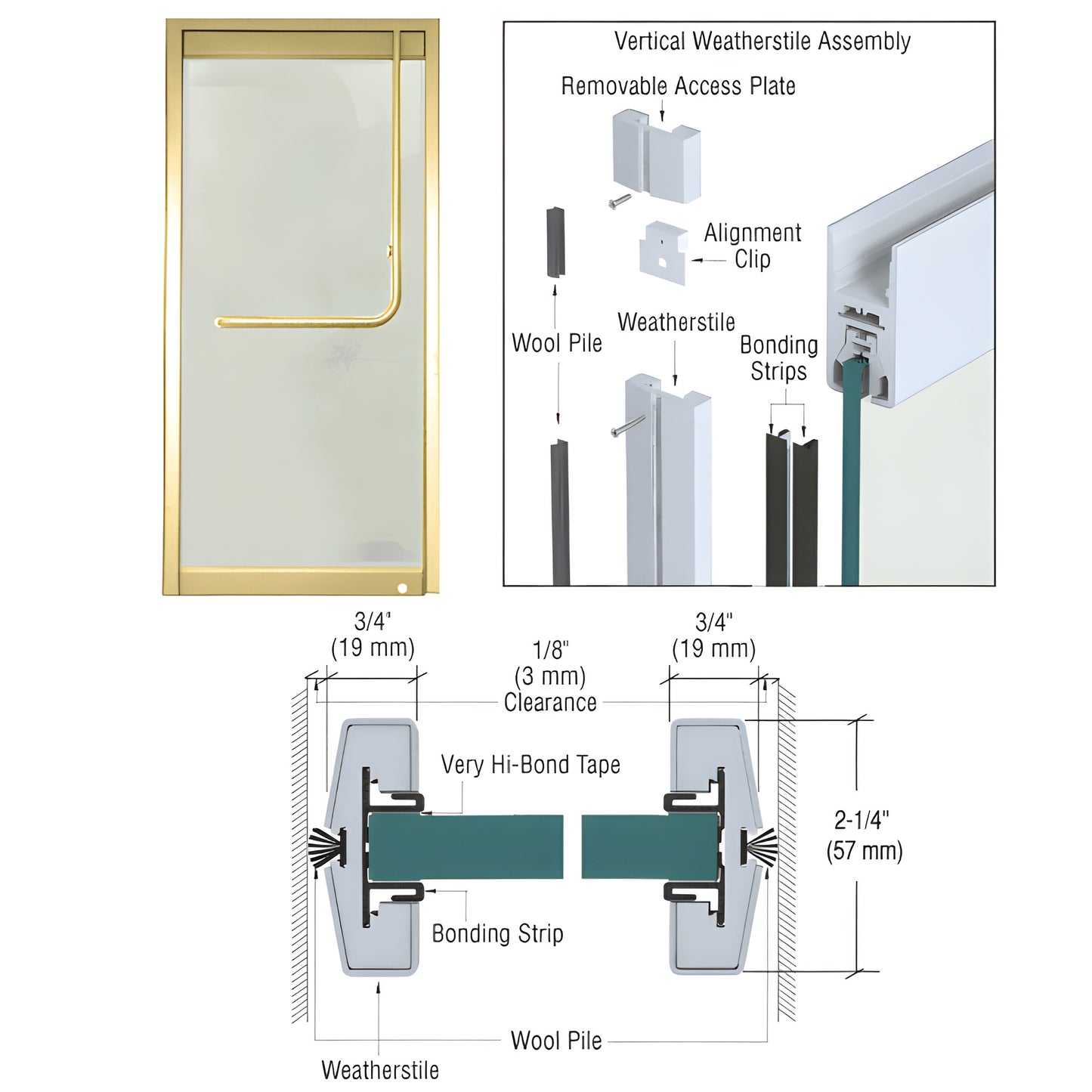 Polished brass CRL vertical weatherstile kit (W34PBSC) for 3/4" (19 mm) tempered glass doors with wool-pile seal.