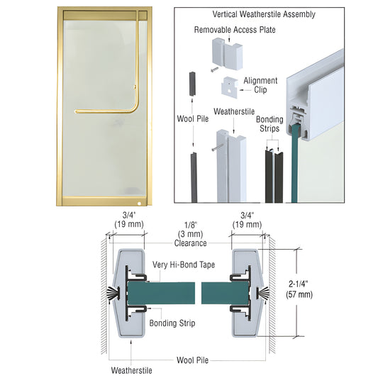 Polished brass CRL vertical weatherstile kit (W34PBSC) for 3/4" (19 mm) tempered glass doors with wool-pile seal.