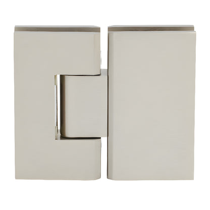 V1E580BN brushed nickel squared Vienna glass-to-glass shower hinge for 3/8-1/2" glass, solid brass, self-centering