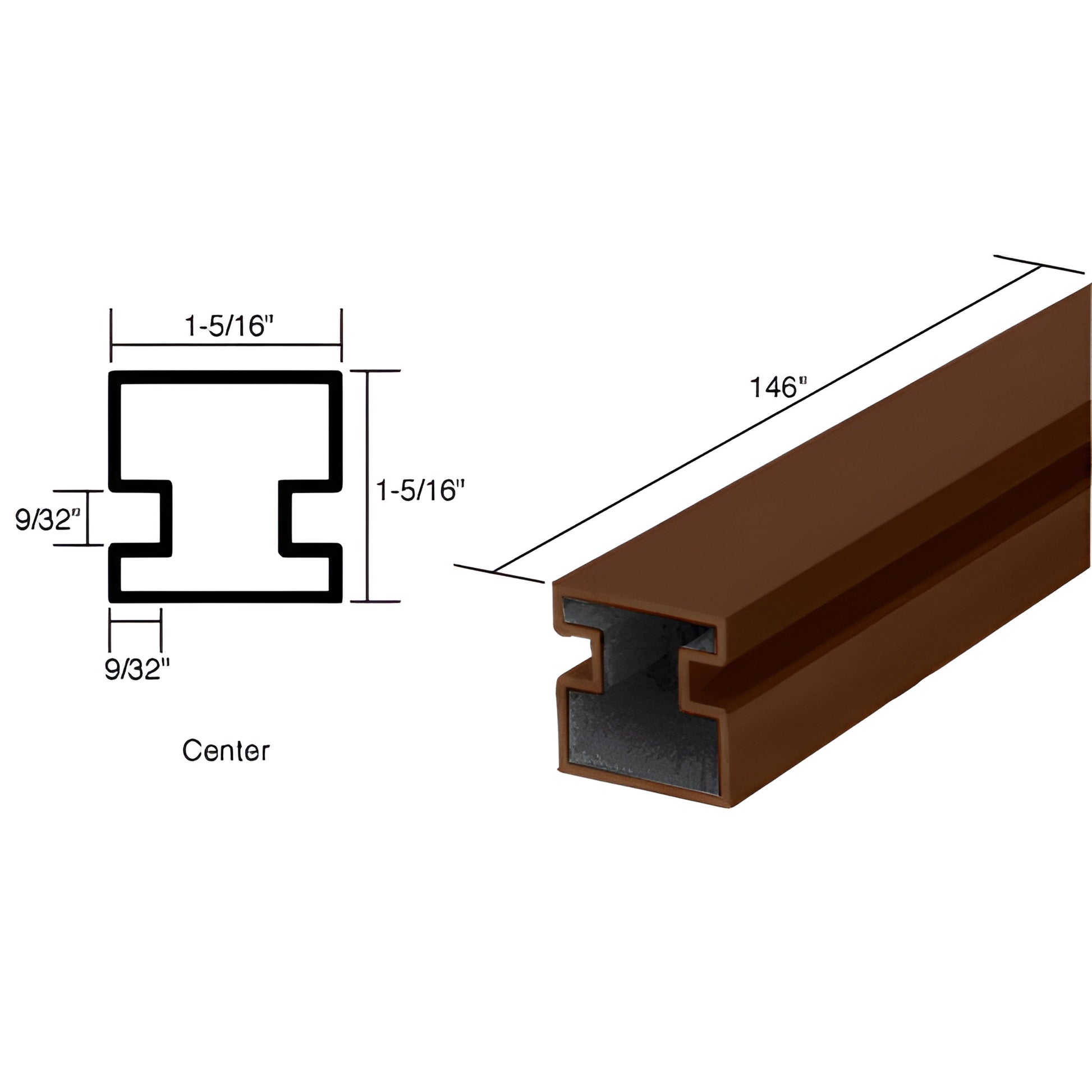 Dark bronze anodized Sculptured Series aluminum center post, 1-5/16" square extrusion with 9/32" pockets, 146" length.
