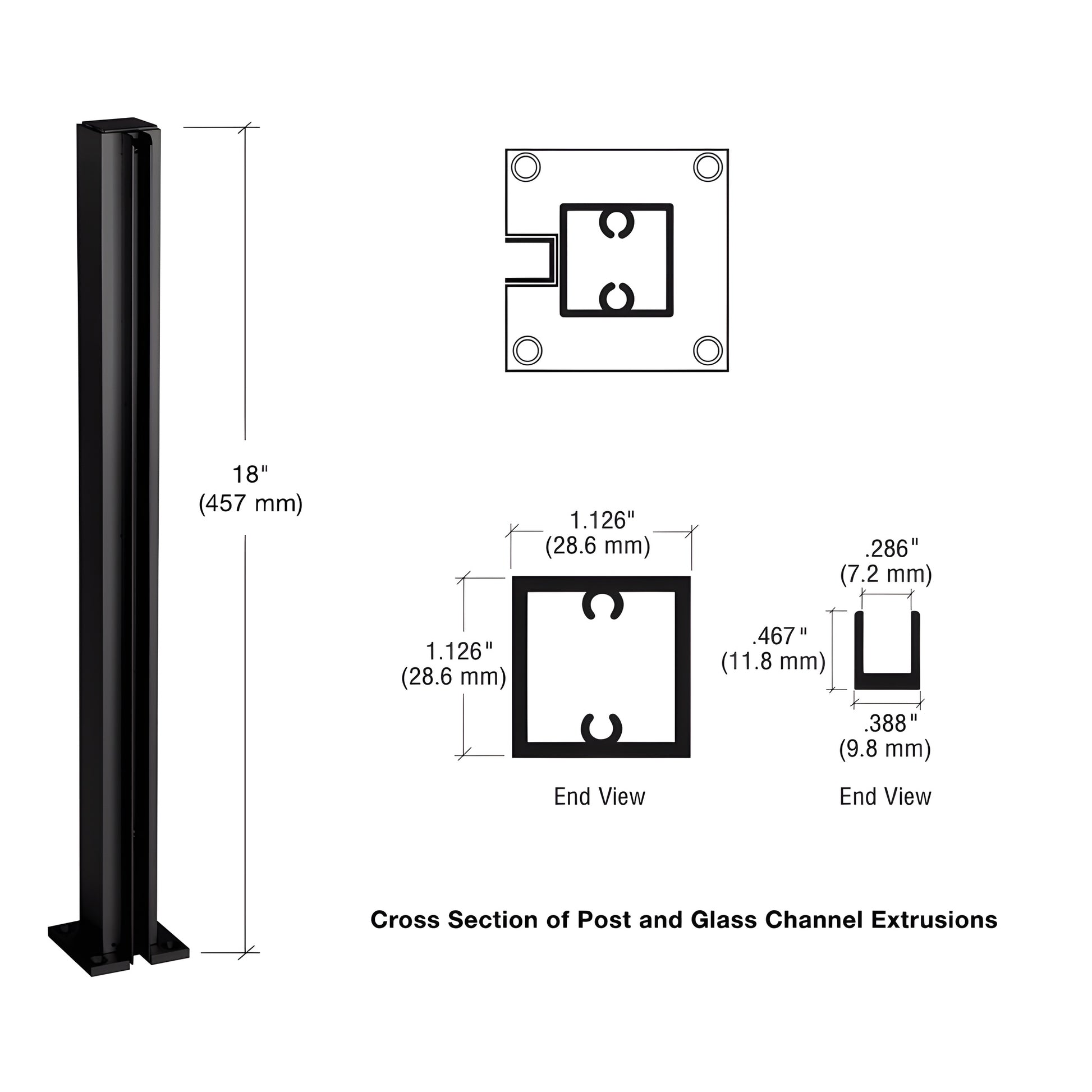 Dark bronze aluminum 18in square end partition post with U channel for 1/4" glass (SKU D990DU18E)