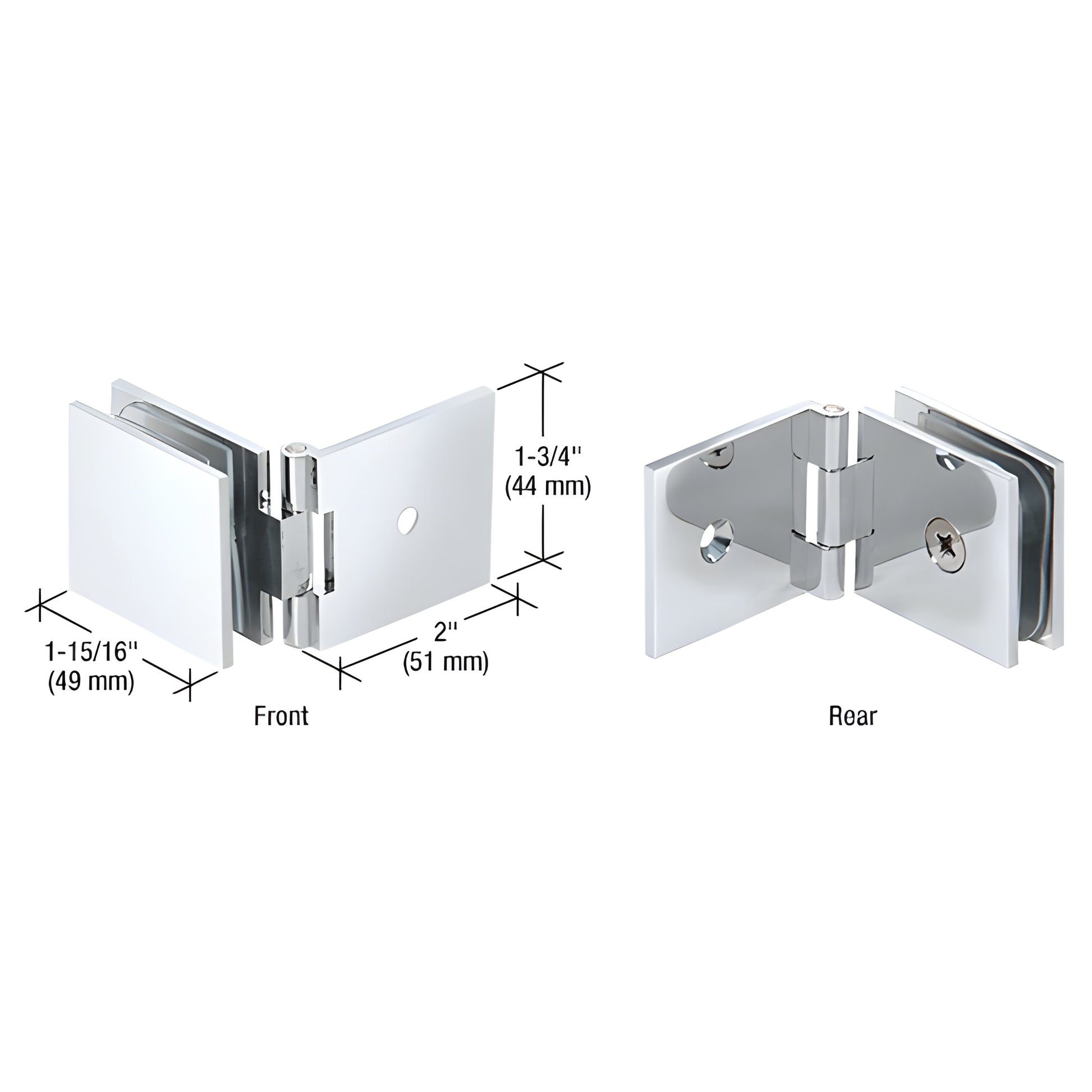Polished chrome adjustable brass wall-mount glass clamp for 8-12mm panels, 90 hinge, SKU ADJSQ037CH