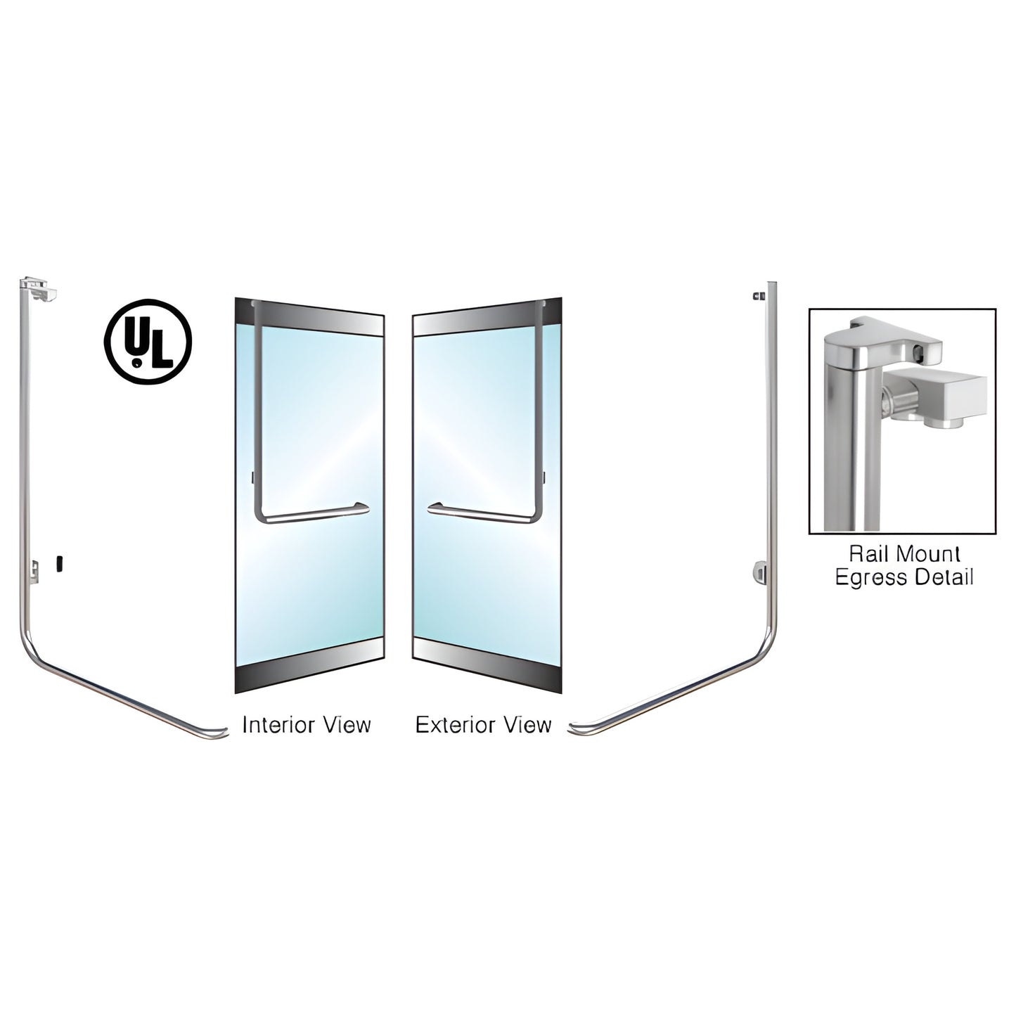 Brushed stainless tubular electronic egress rail-mount handle for glass doors, 1-1/4" dia, left-hand (SKU EG100D6RKBS)