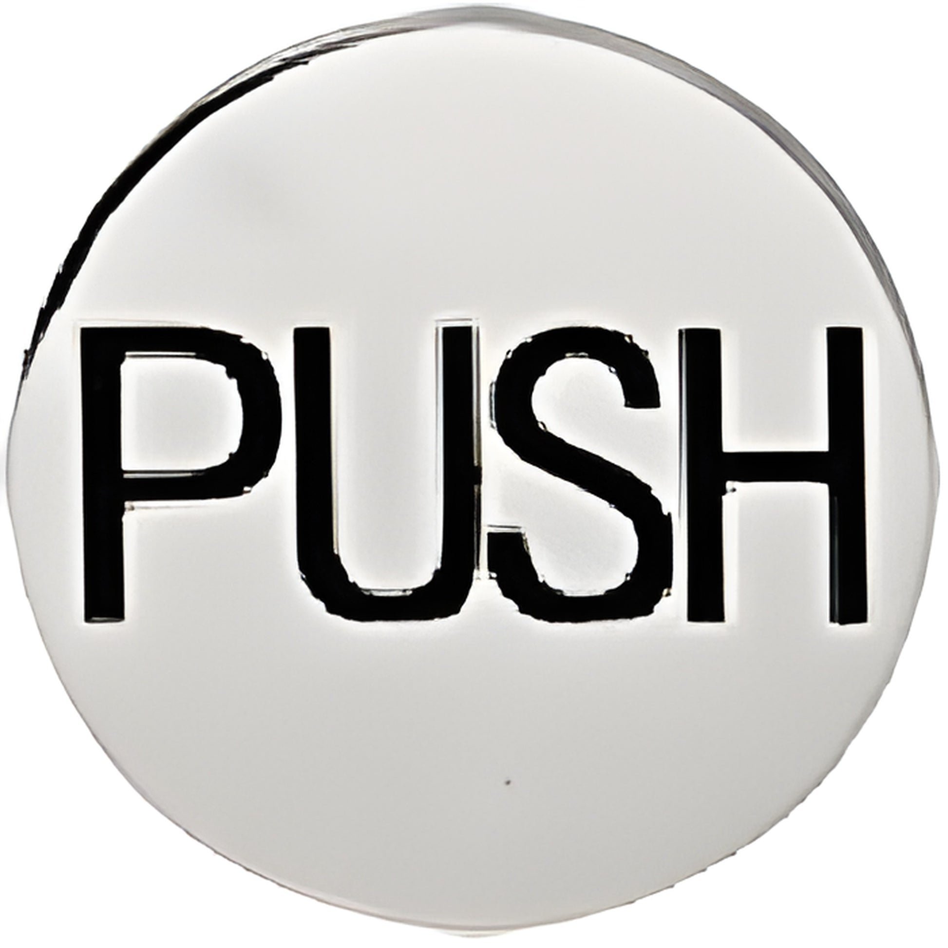 2" round polished stainless steel push indicator, deep-etched "PUSH" letters (SKU 2EPPSPU)