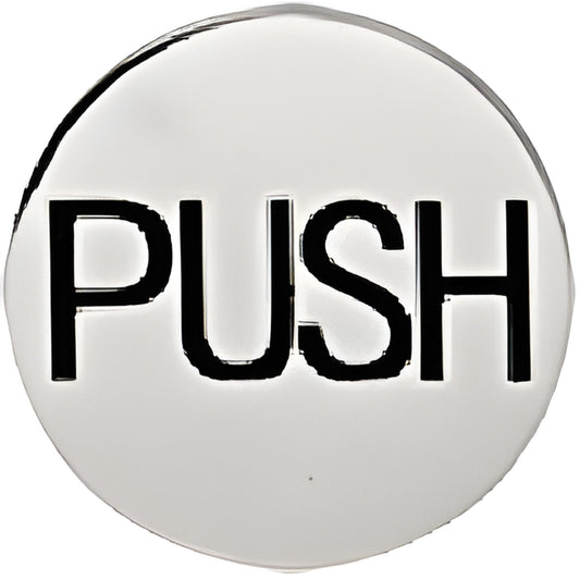 2" round polished stainless steel push indicator, deep-etched "PUSH" letters (SKU 2EPPSPU)