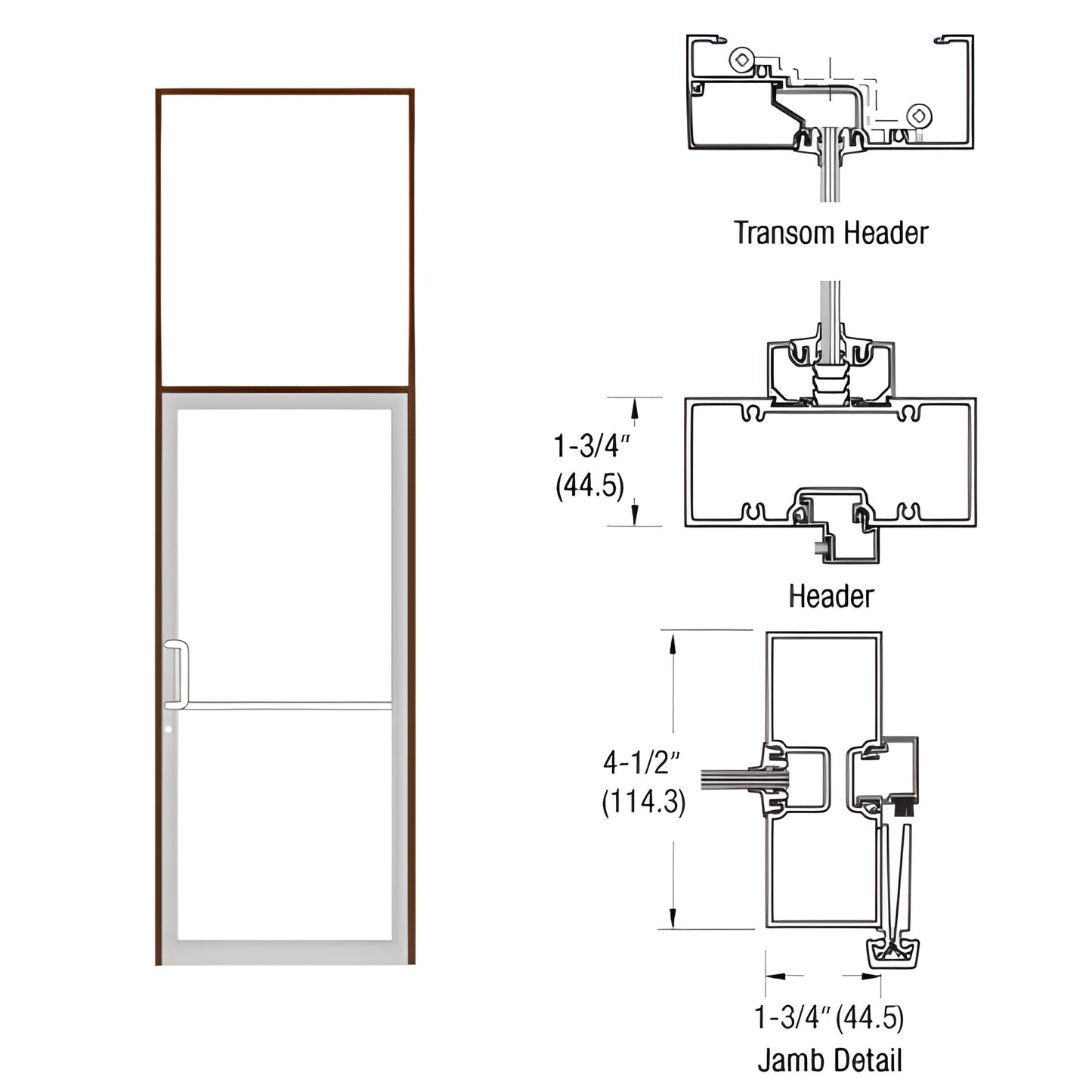 Black bronze anodized gear-hinge transom frame with transom/header and jamb details, 1-3/4" x 4-1/2", aluminum threshold. SKU