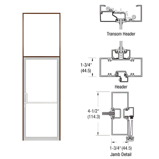 Black bronze anodized gear-hinge transom frame with transom/header and jamb details, 1-3/4" x 4-1/2", aluminum threshold. SKU