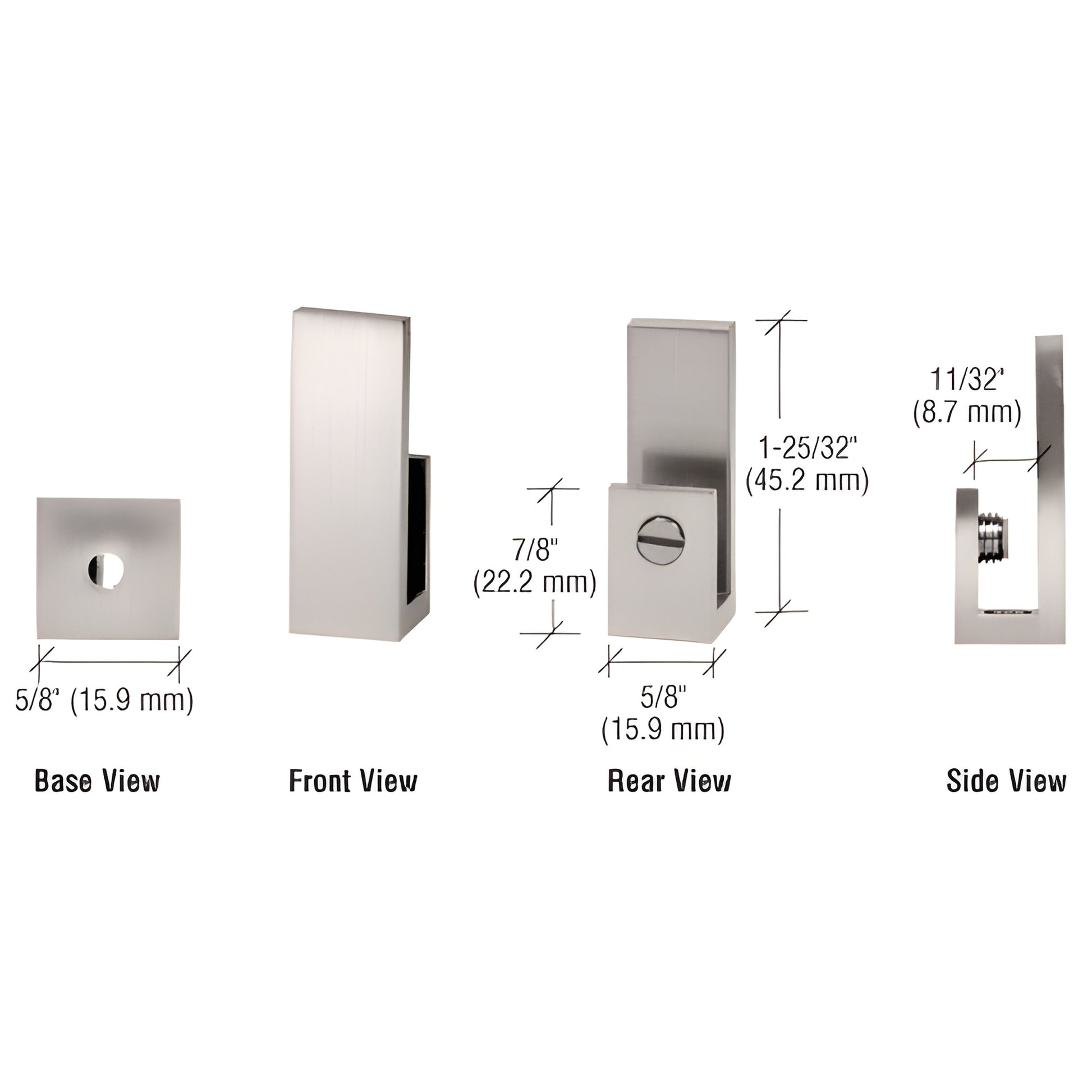 EH43 brushed-nickel brass J-style set-screw glass clamp for 6-8mm (1/4-5/16) glass, shown in front/rear/side/base views.