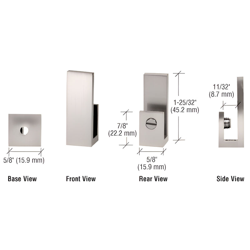 EH43 brushed-nickel brass J-style set-screw glass clamp for 6-8mm (1/4-5/16) glass, shown in front/rear/side/base views.