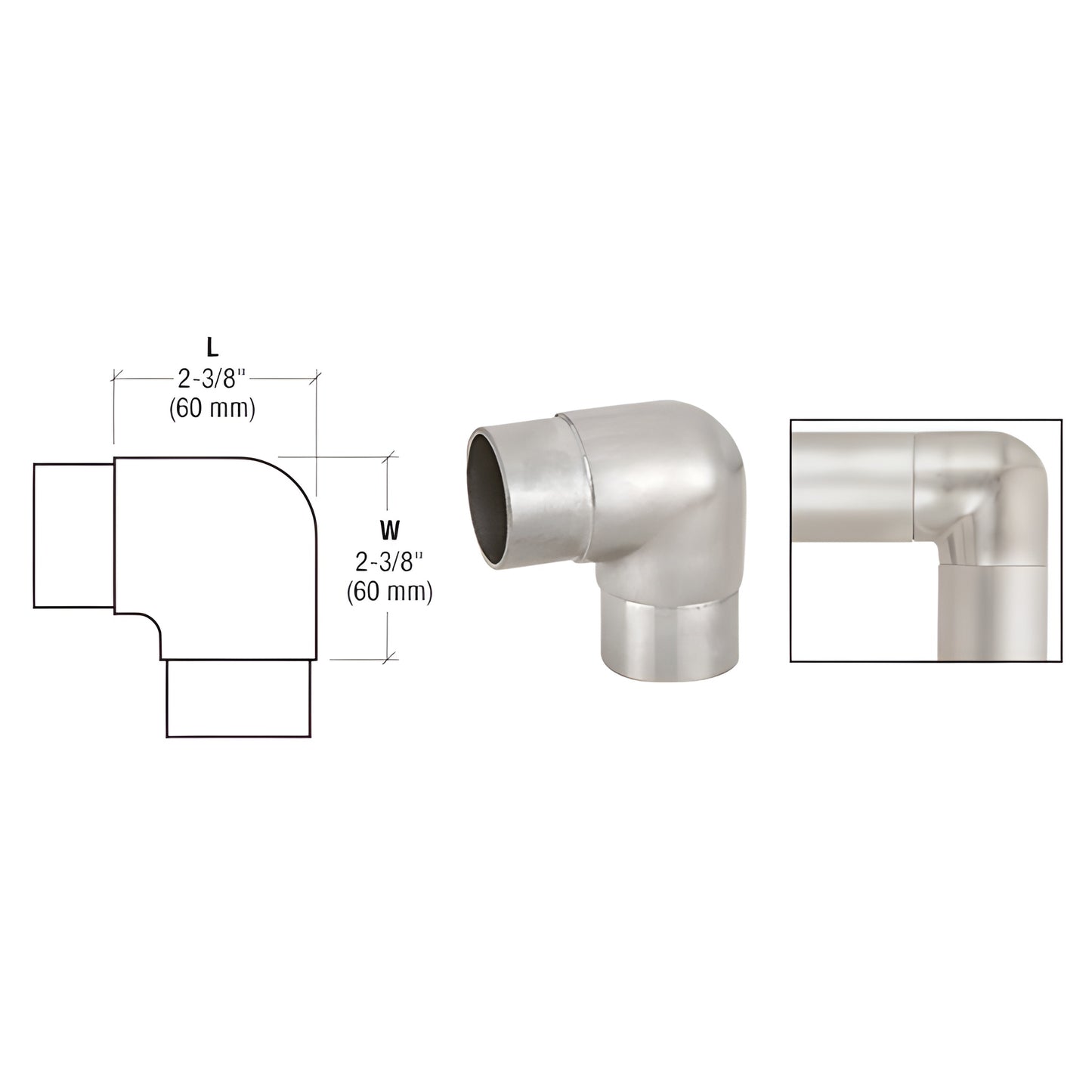 HR20HBS brushed stainless steel 90 sharp-radius corner fitting for HR20 handrail/partition tubing