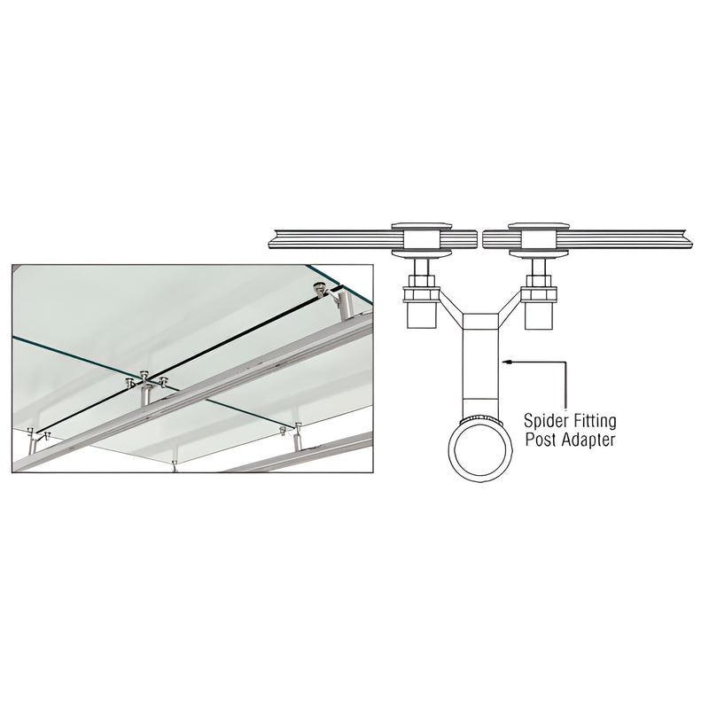 CRL Spider fitting post adapter (SKU AMS0BCSTL) weld-on, fits flat or round posts; shown installed with glass panels.