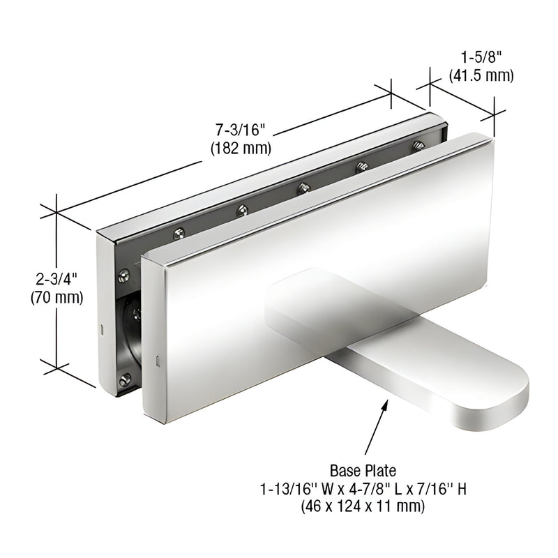 CRL380PS polished stainless hydraulic patch fitting, flush-mount for 3/8-1/2" tempered glass, 2-3/4" high