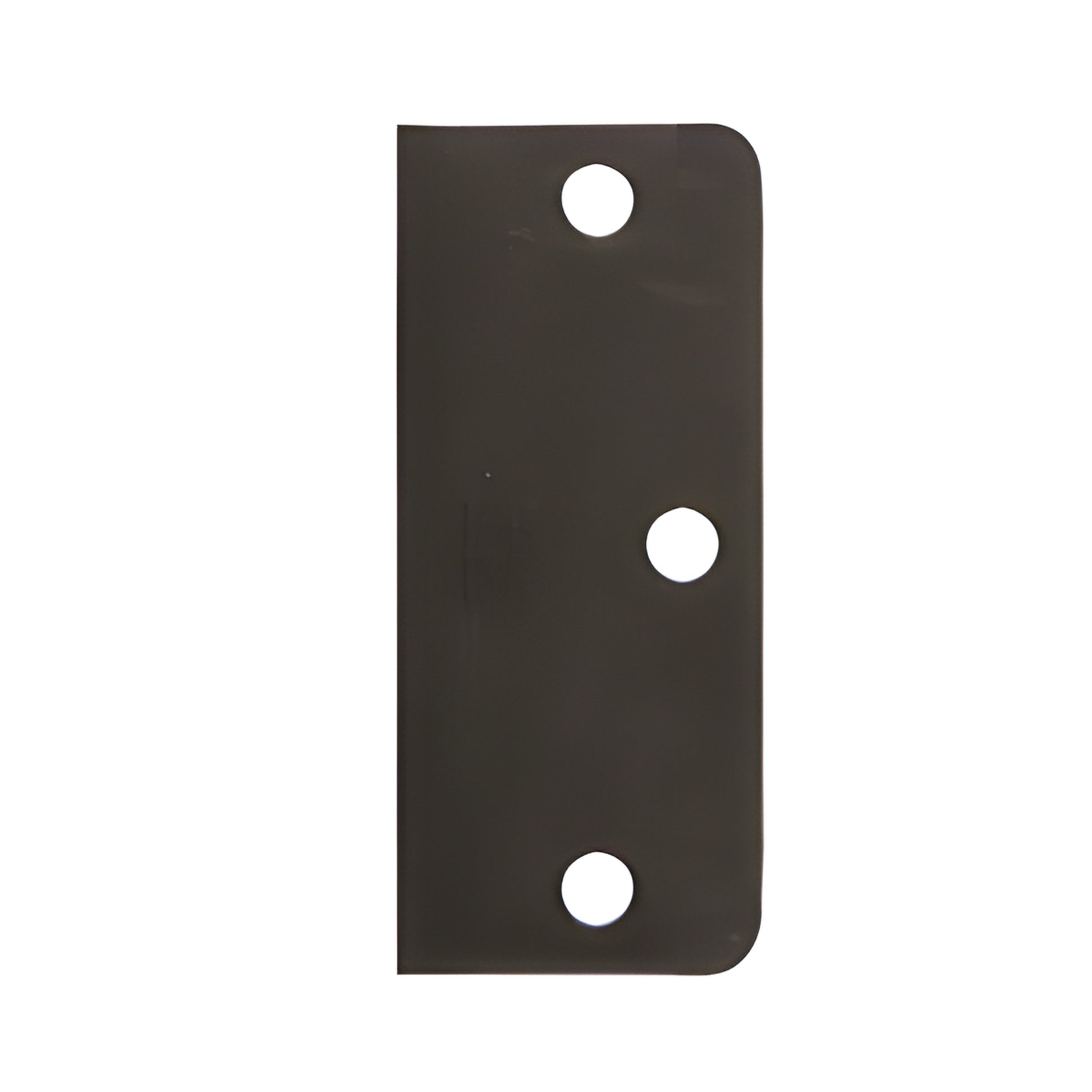 Antique oil-rubbed bronze hinge filler plate, 3-1/2 in tall, three round holes and a rounded corner.
