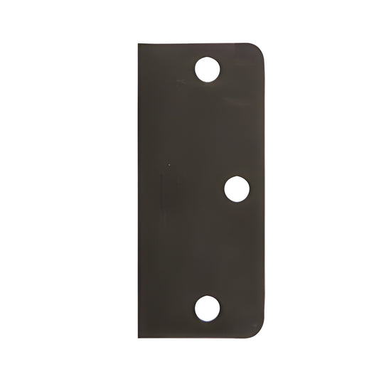 Antique oil-rubbed bronze hinge filler plate, 3-1/2 in tall, three round holes and a rounded corner.