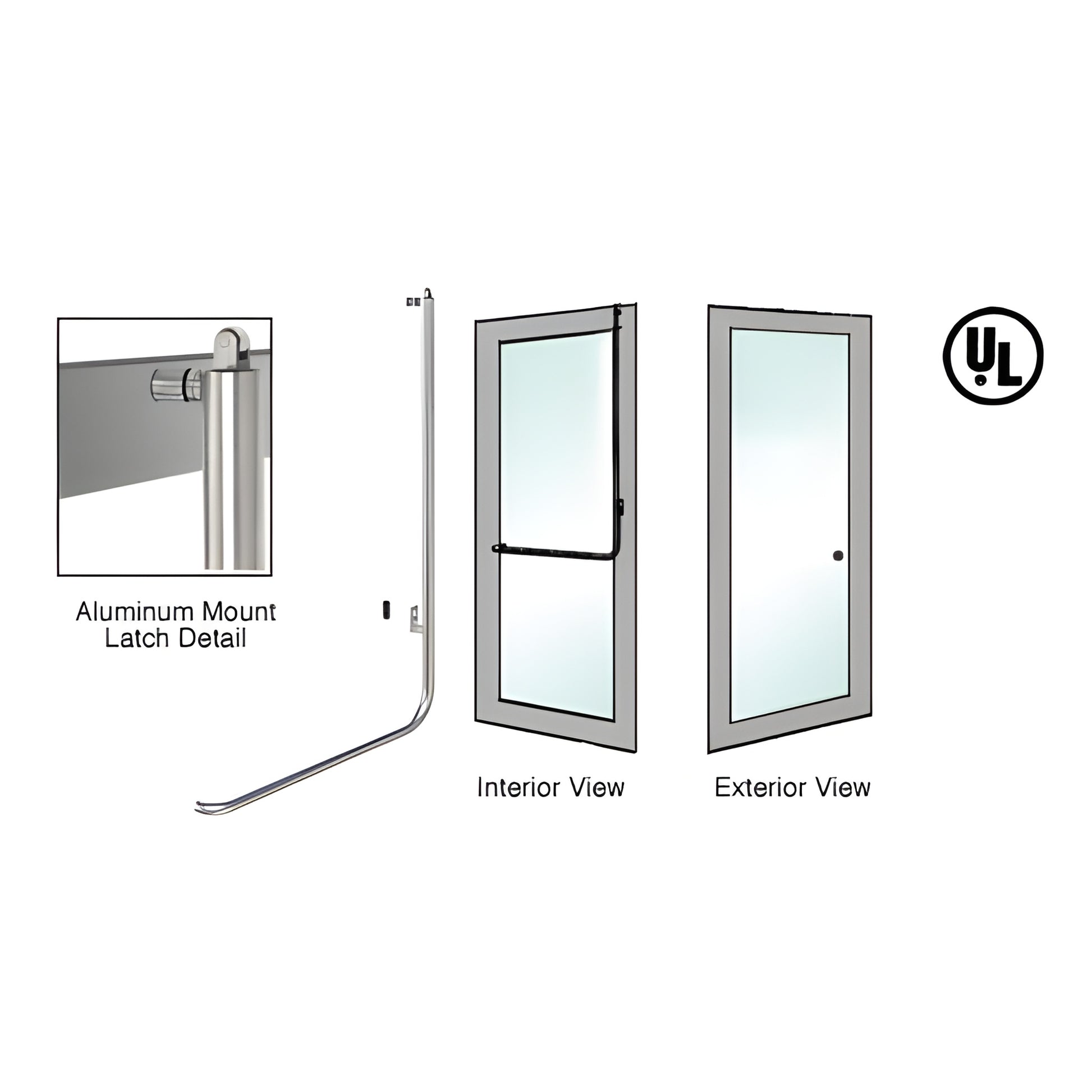 Brushed stainless tubular panic handle for tempered glass doors, 1-1/4 tube, interior push bar, UL certified.