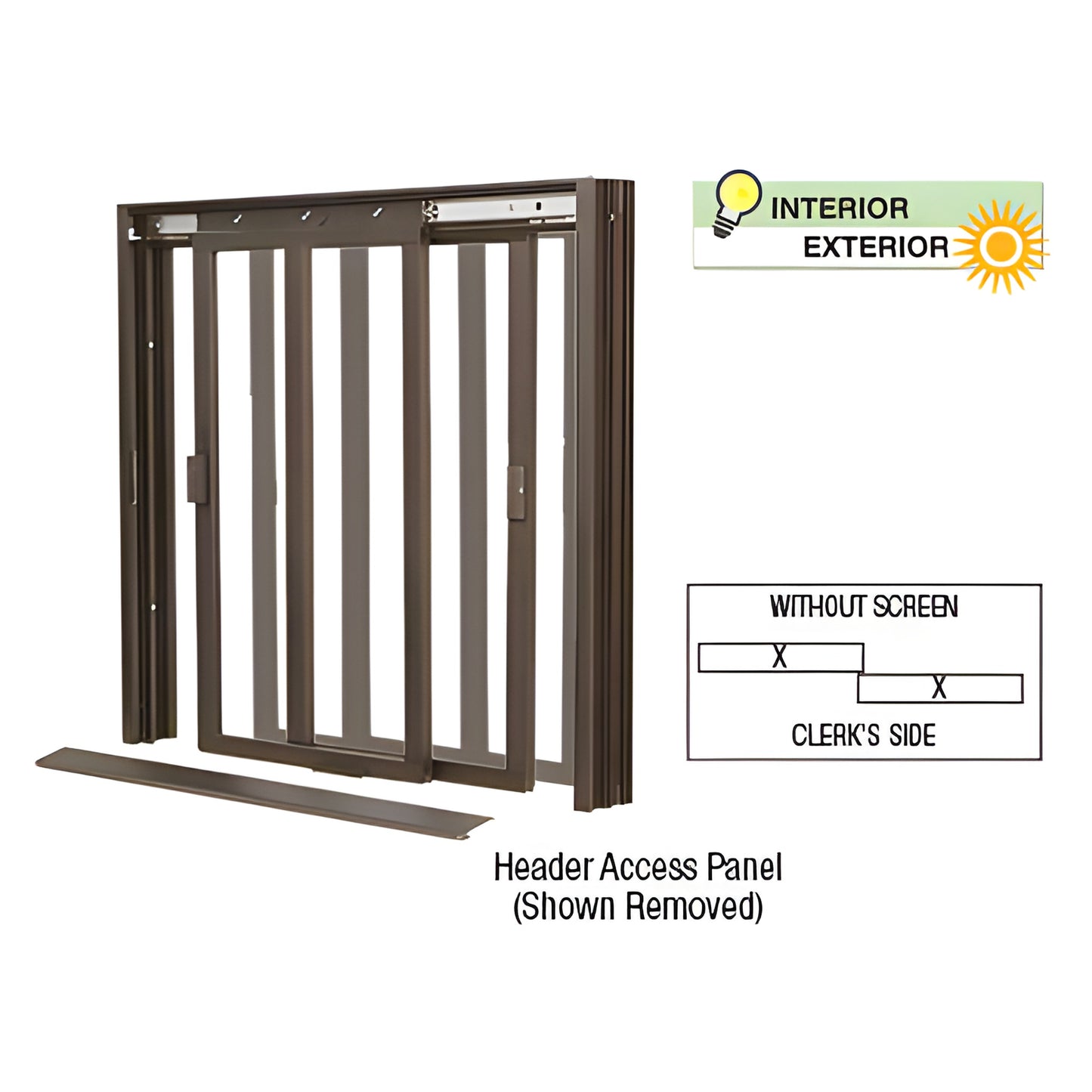 DW4200DU two-panel deluxe sliding service window, Duranodic bronze finish, header access panel removed.