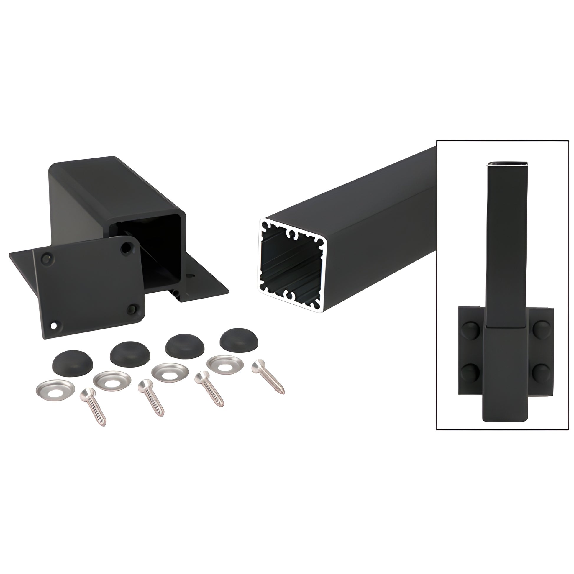 FP36KBL matte black 36-inch aluminum 2-3/8" square fascia post kit with base plate, caps and screws