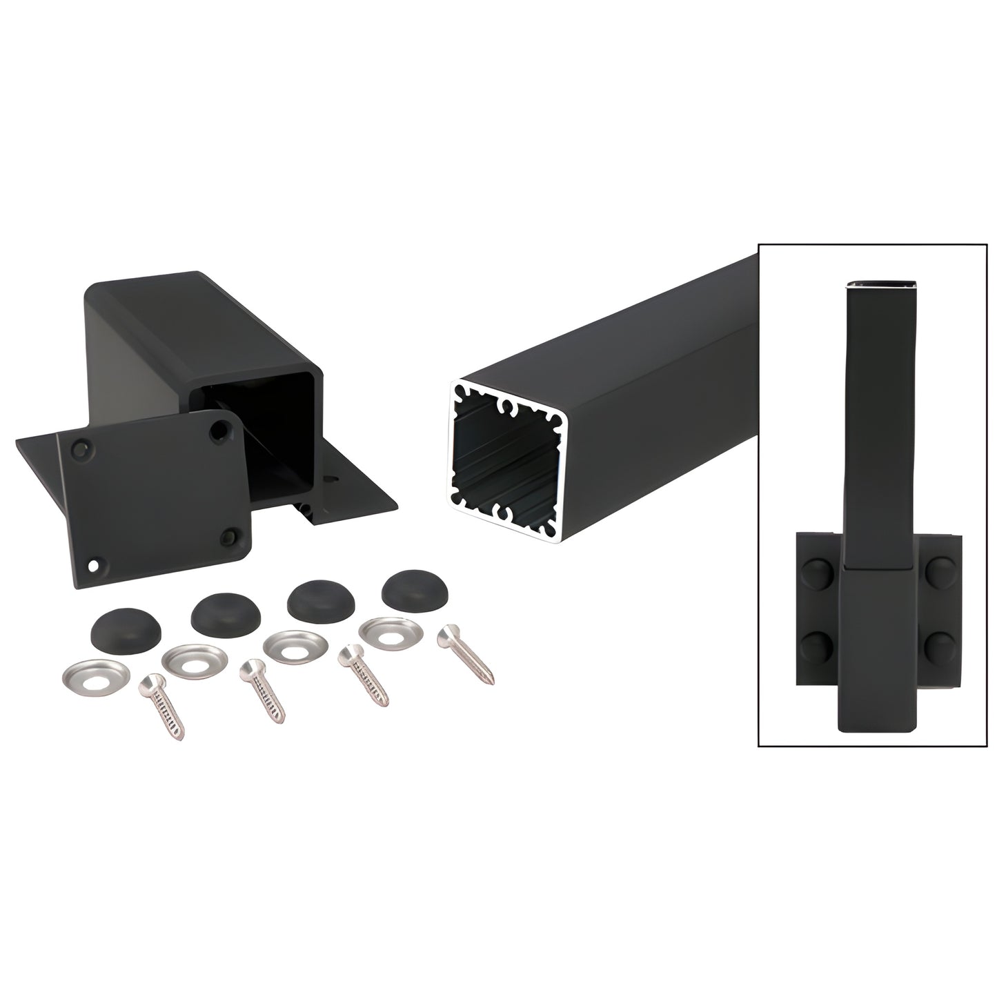 Matte black aluminum 2-3/8 in square fascia-mount post kit with bracket, screws, washers and bolt cover buttons (SKU FP48KBL)
