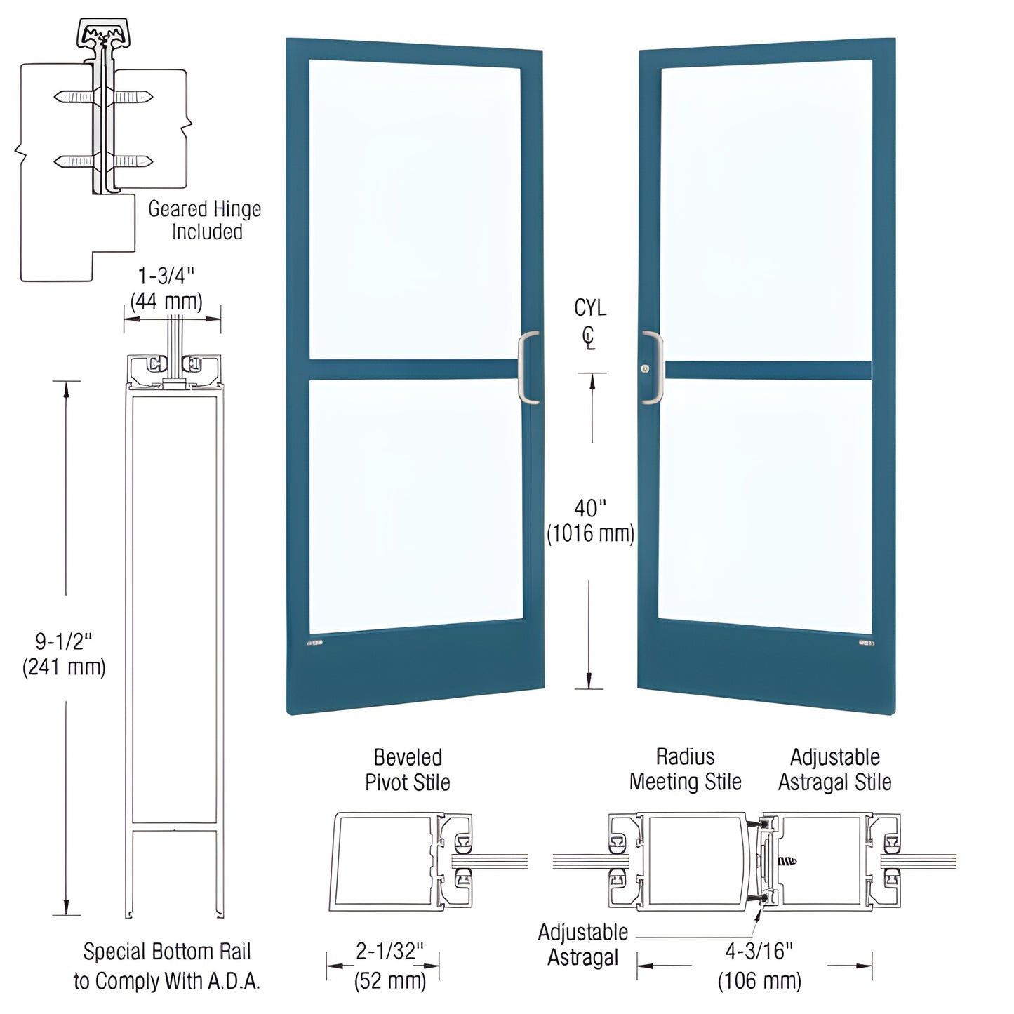 CZ22871 Custom Kynar narrow-stile double entrance doors with large glass panels, 9-1/2" ADA bottom rail, hardware-ready