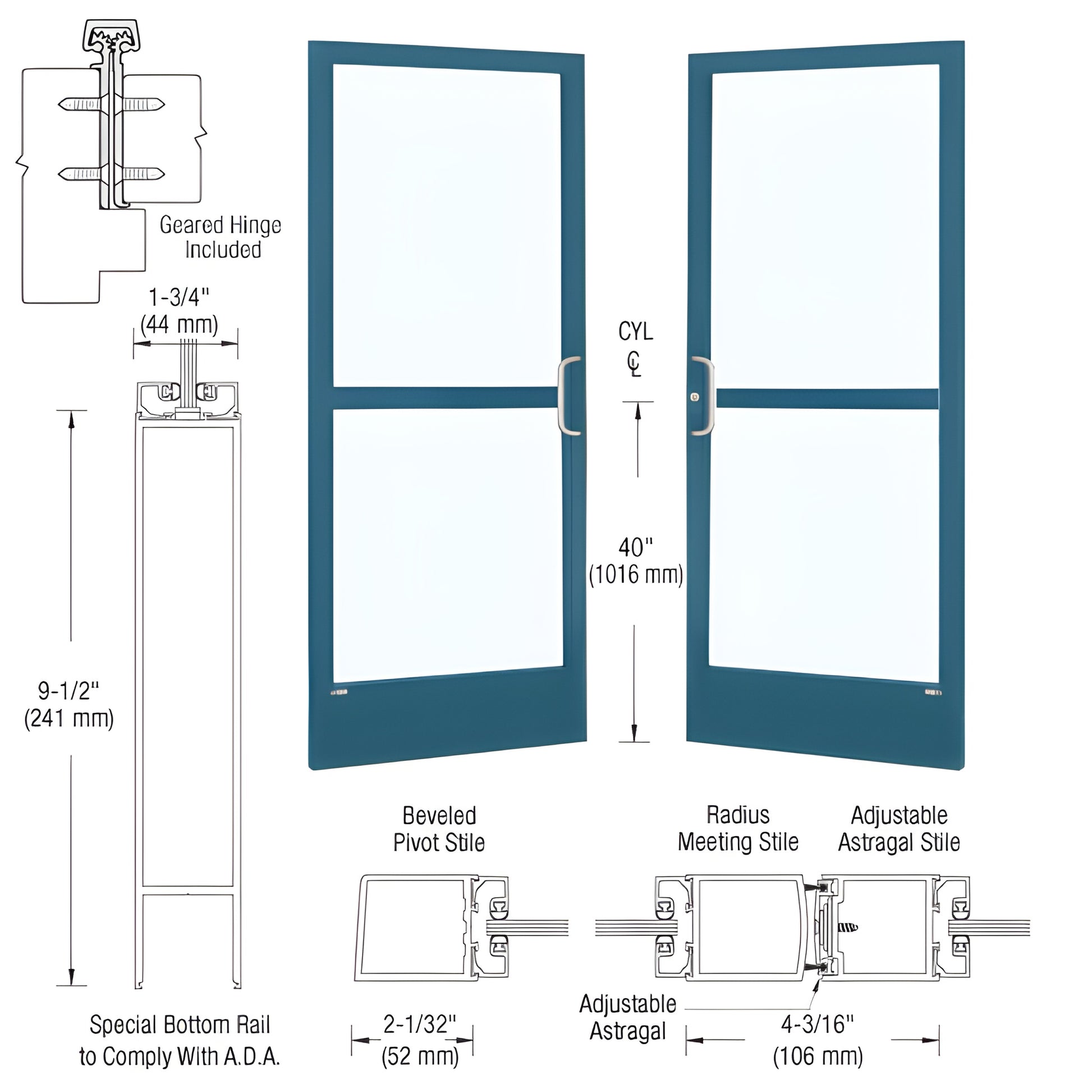 CZ22871 Custom Kynar narrow-stile double entrance doors with large glass panels, 9-1/2" ADA bottom rail, hardware-ready