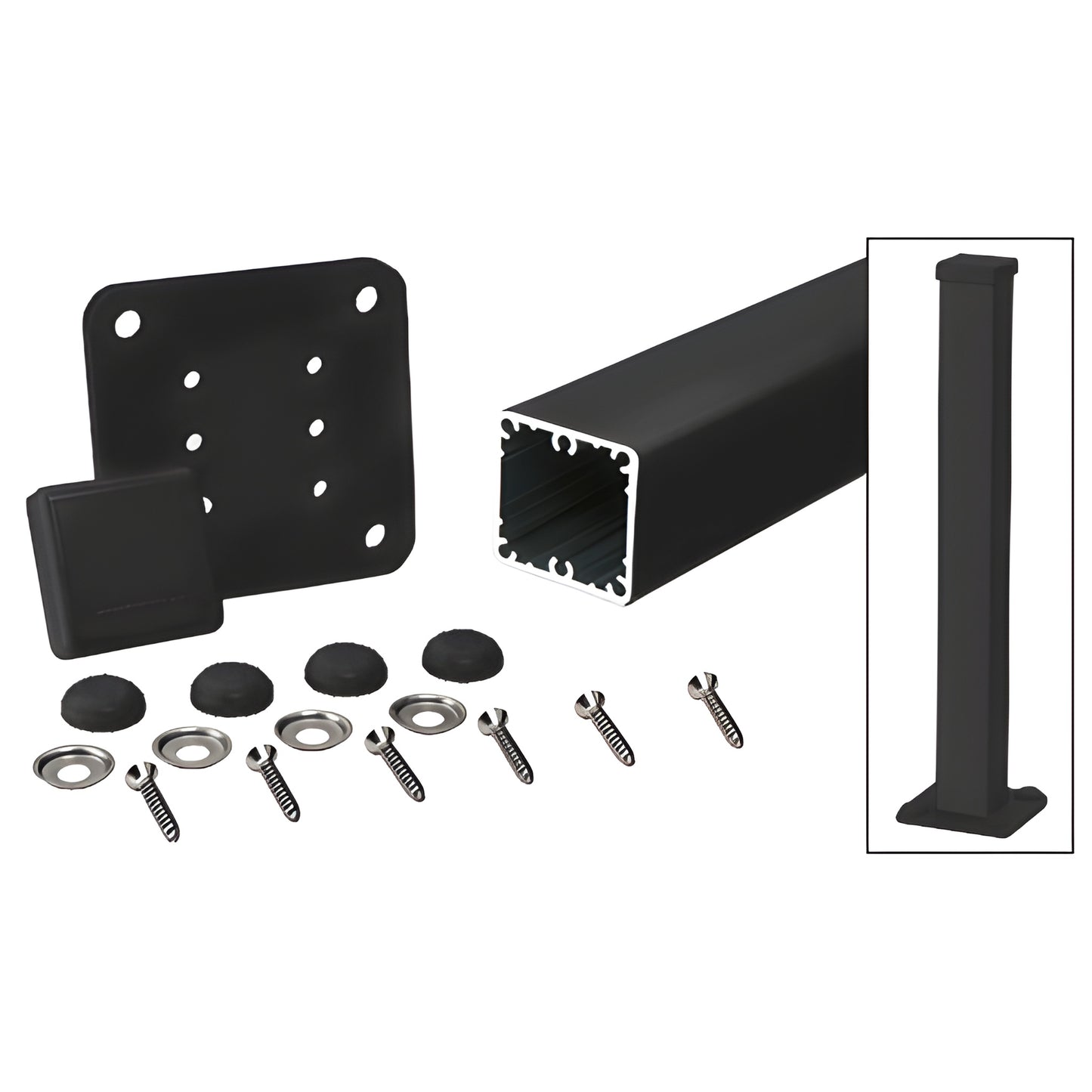 Matte black 36" aluminum 2-3/8" square surface-mount post kit with base plate, cap and mounting hardware - SKU 1P36KBL