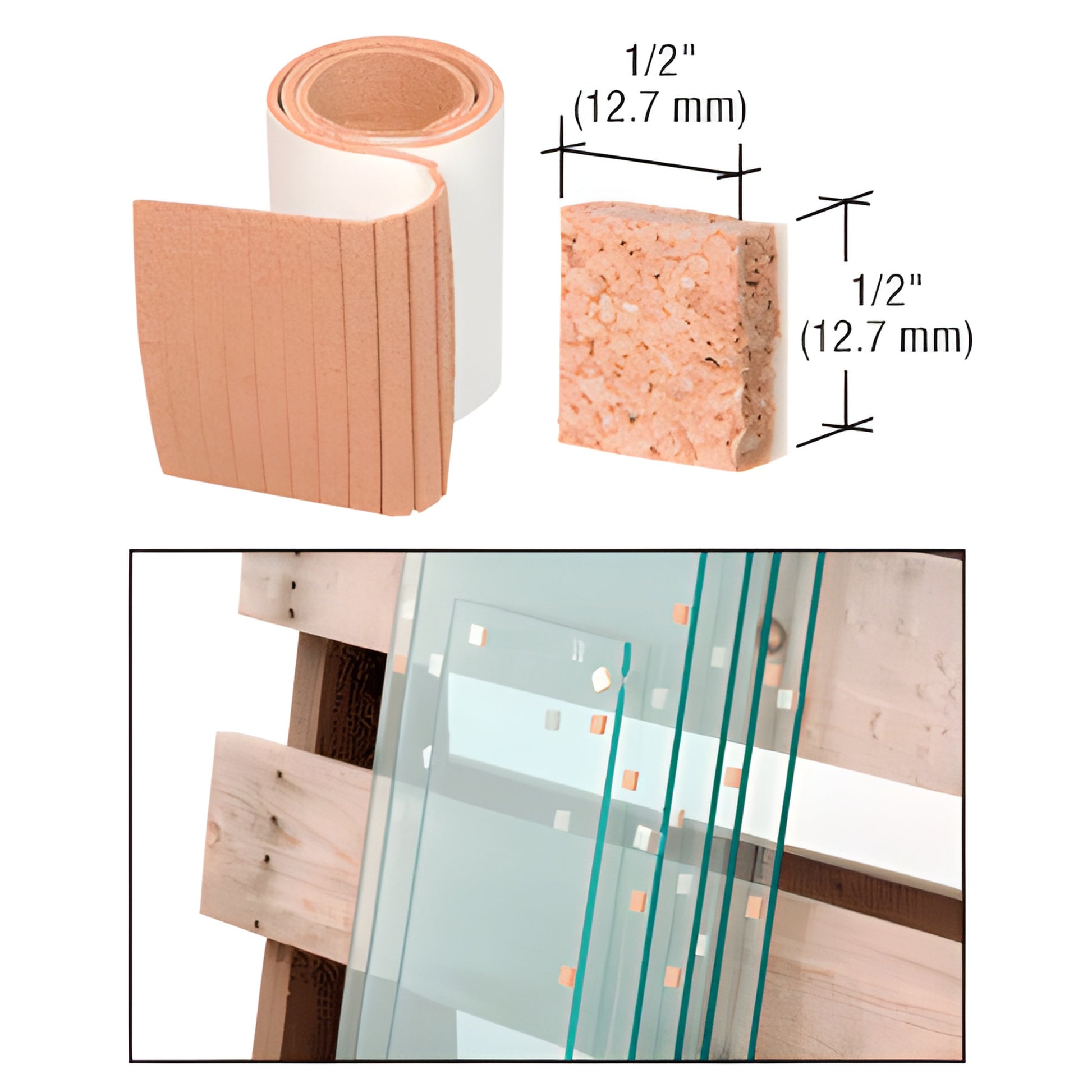 Roll and pre-cut 1/2" cork non-adhesive shipping pads, 1/4" thick, used between stacked glass - SKU CNA12