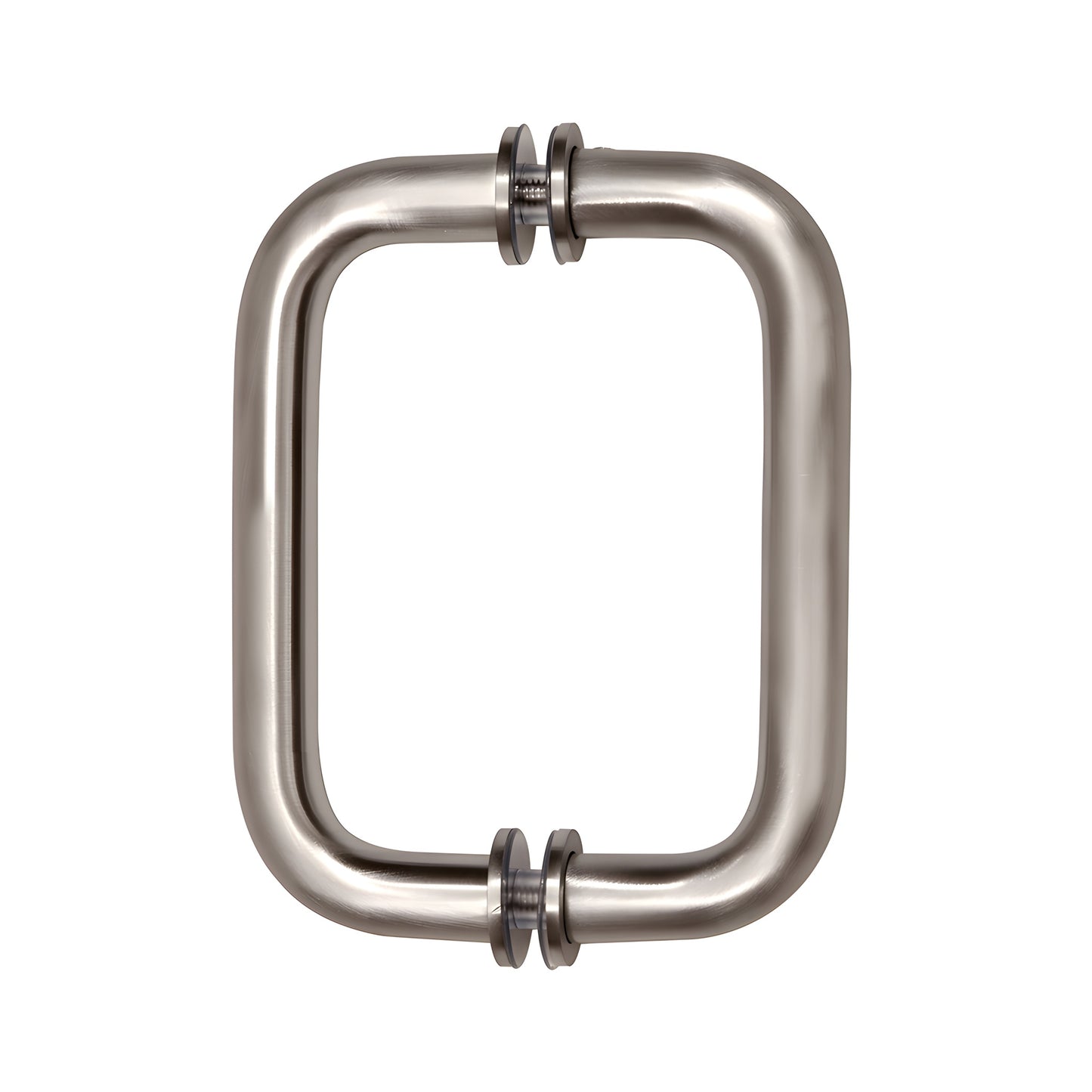 Brushed nickel brass tubular shower door pull handle, 3/4" dia, 6" center-to-center back-to-back set (SKU SDPR6BN)