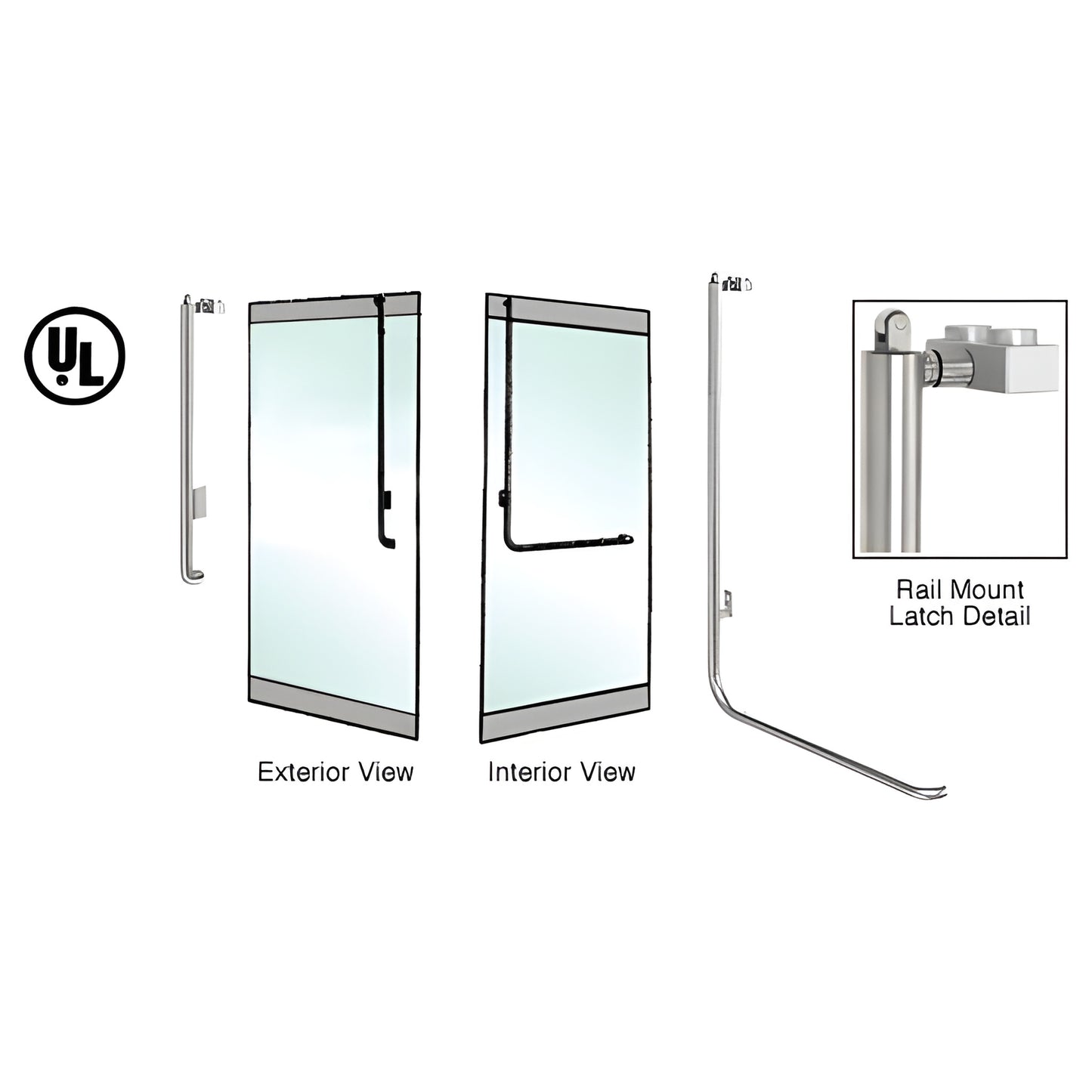 Brushed stainless PA100 rail mount panic handle for 1/2 tempered glass doors, 1-1/4 tube, top latch, left-hand reverse - SK