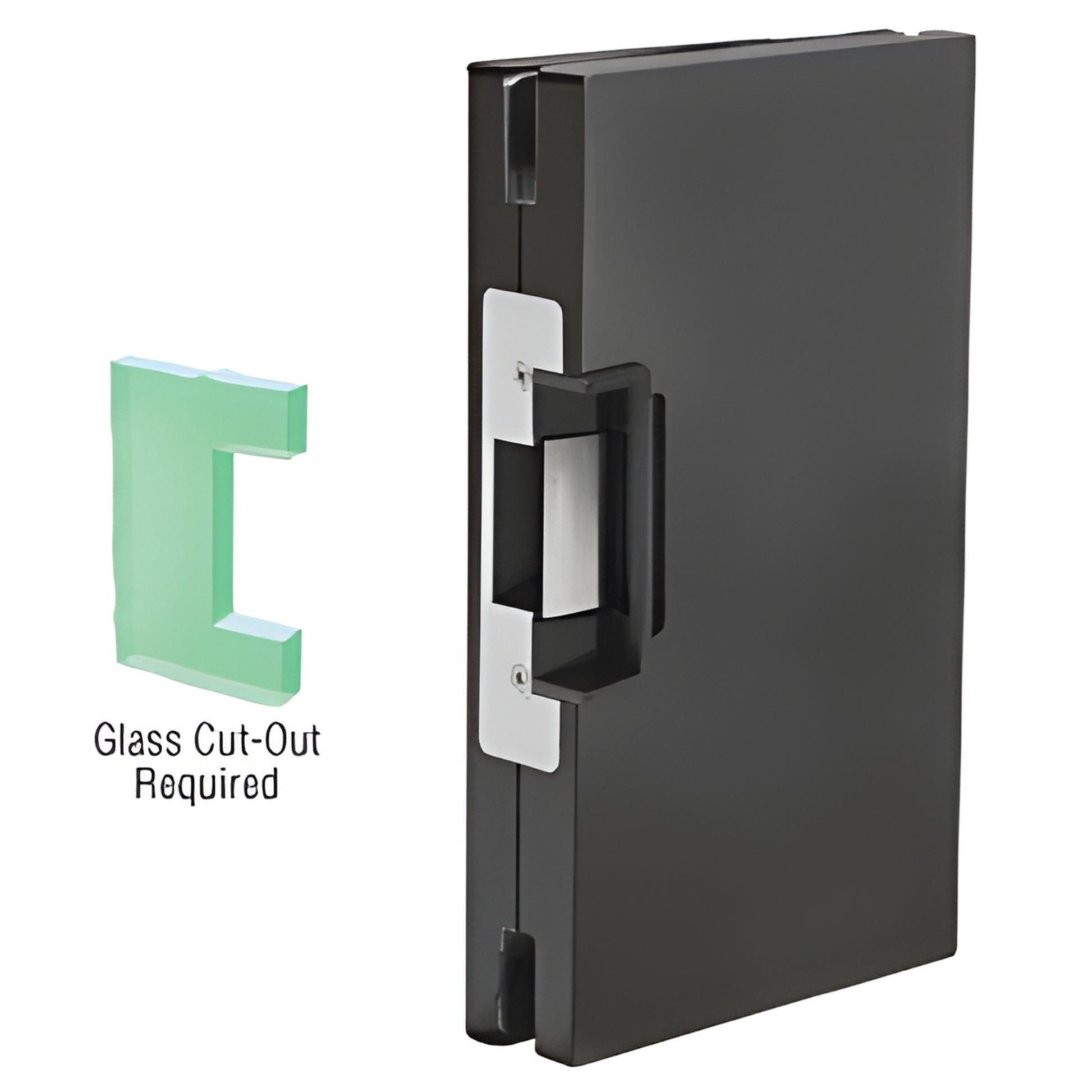 Matte black center-lock glass keeper with Adams Rite 7160 24V deadlatch electric strike (SKU DLER610MBL)