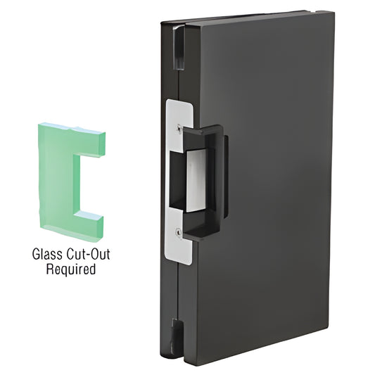 Matte black center-lock glass keeper with Adams Rite 7160 24V deadlatch electric strike (SKU DLER610MBL)