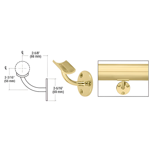 Del Mar wall-mounted long-arm handrail bracket HR15B3PB, polished brass, fits 1-1/2"-2" tubing, 2-5/8" projection