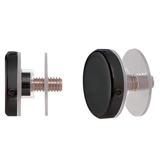 CAP114MBL matte black 1-1/4" stainless steel standoff cap assembly, front and side views.