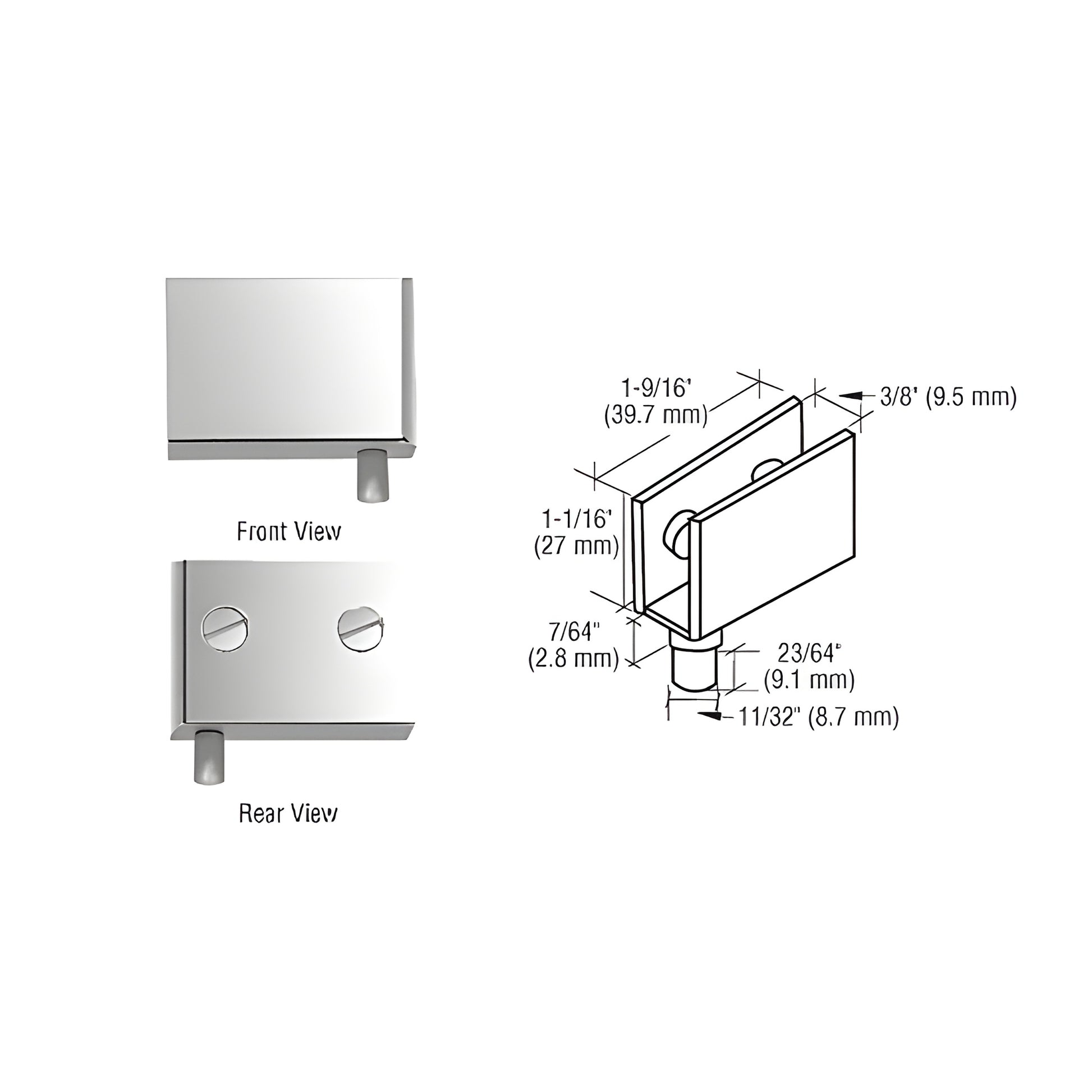 Polished chrome brass glass hinge EH224 - no drill clamp for 6-8mm glass, 1-9/16" wide, 1-1/16" tall