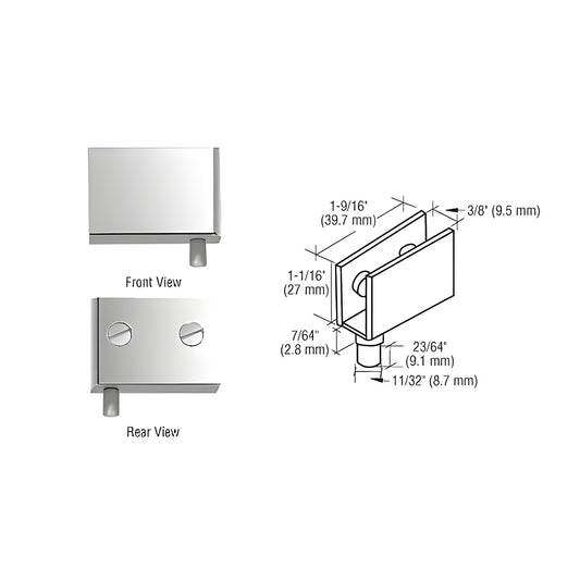 Polished chrome brass glass hinge EH224 - no drill clamp for 6-8mm glass, 1-9/16" wide, 1-1/16" tall