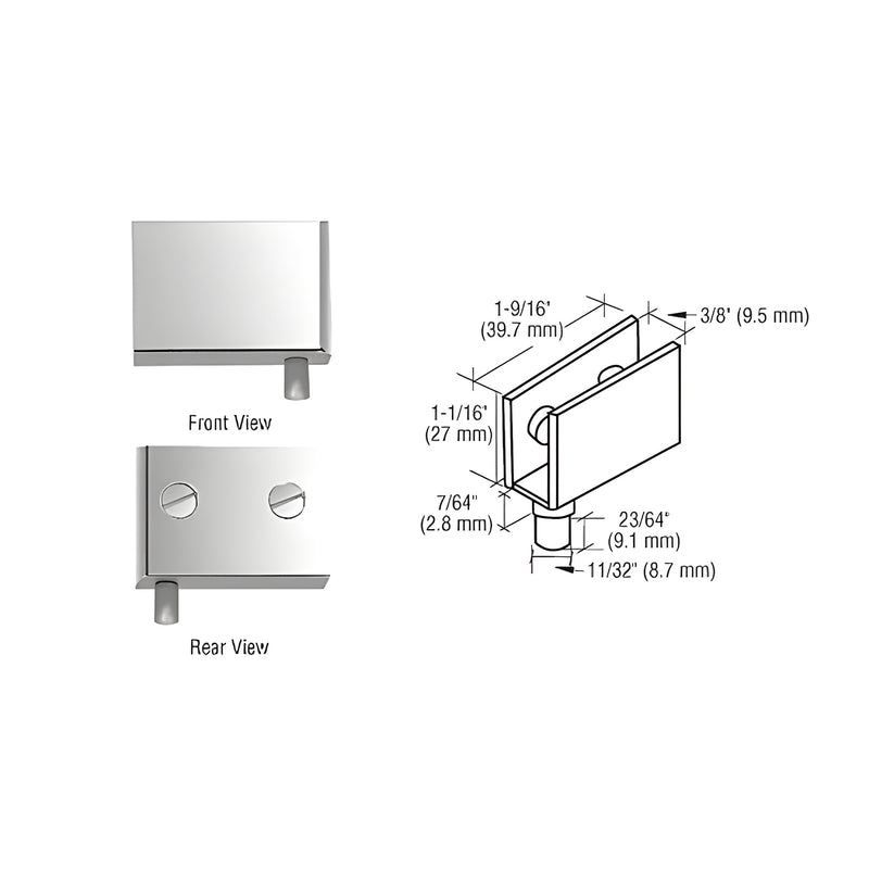 Polished chrome brass glass hinge EH224 - no drill clamp for 6-8mm glass, 1-9/16" wide, 1-1/16" tall
