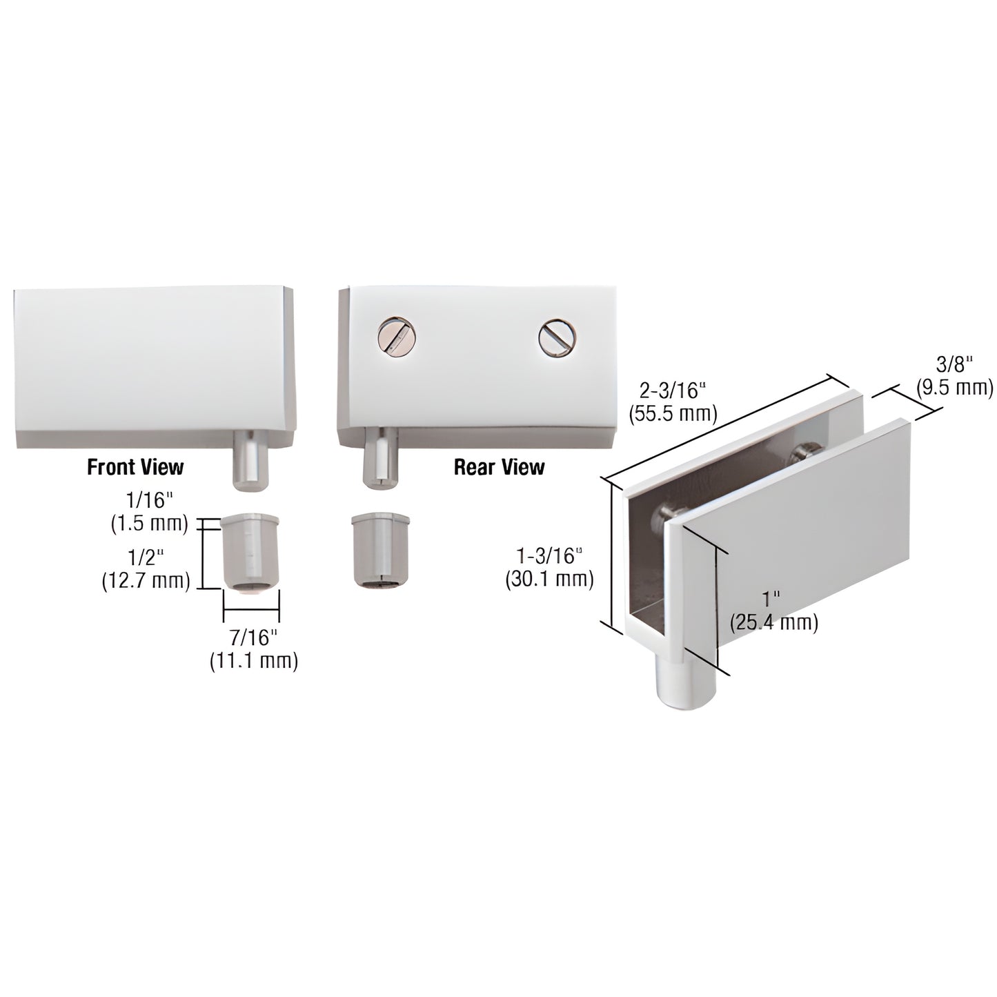 EH328 satin chrome wide glass door pivot hinge for 6-8mm frameless glass, brass, 2-pack, dimensions shown.