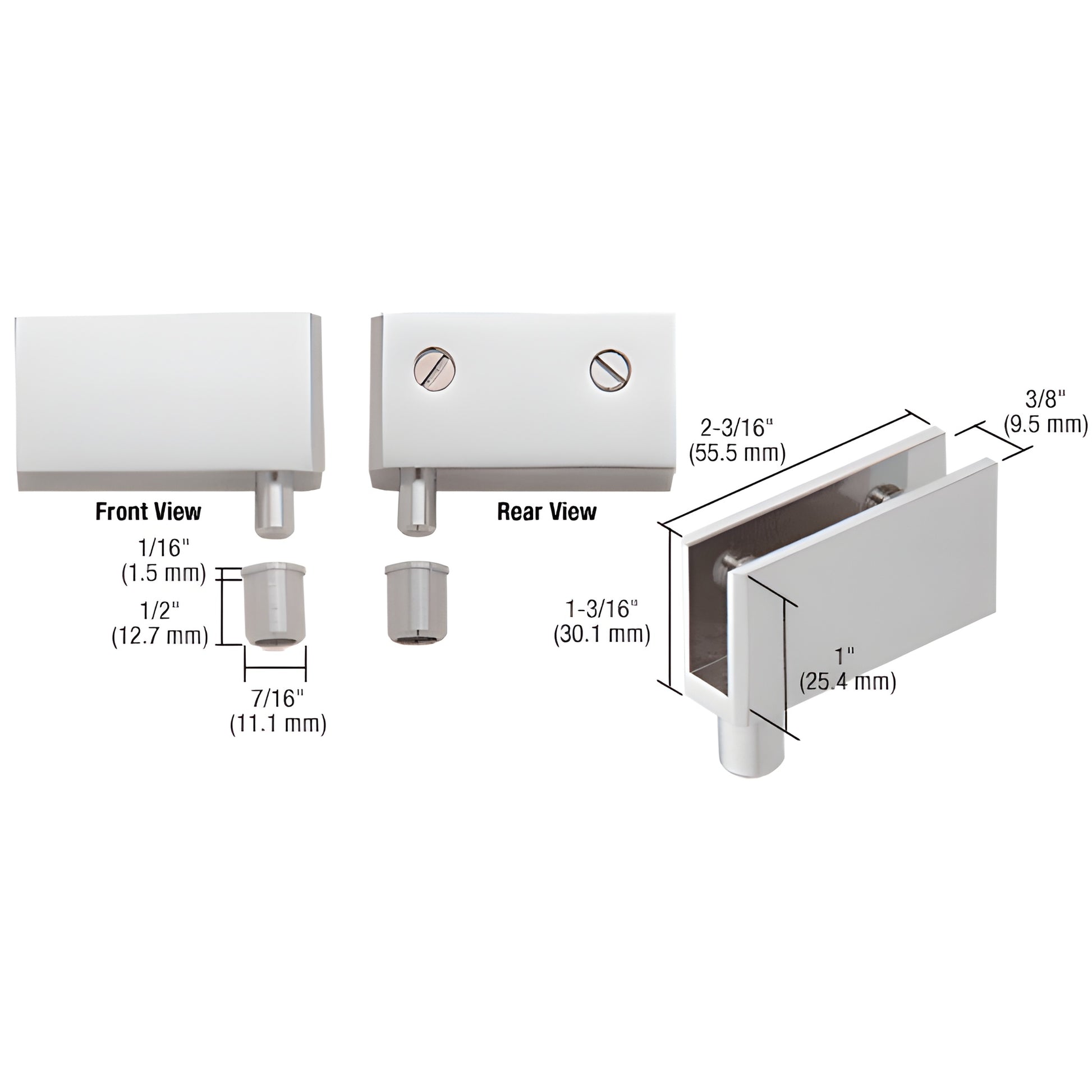 EH328 satin chrome wide glass door pivot hinge for 6-8mm frameless glass, brass, 2-pack, dimensions shown.