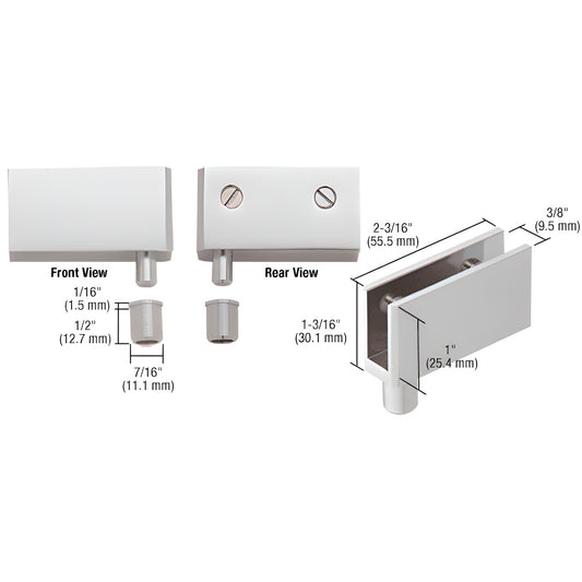 EH328 satin chrome wide glass door pivot hinge for 6-8mm frameless glass, brass, 2-pack, dimensions shown.