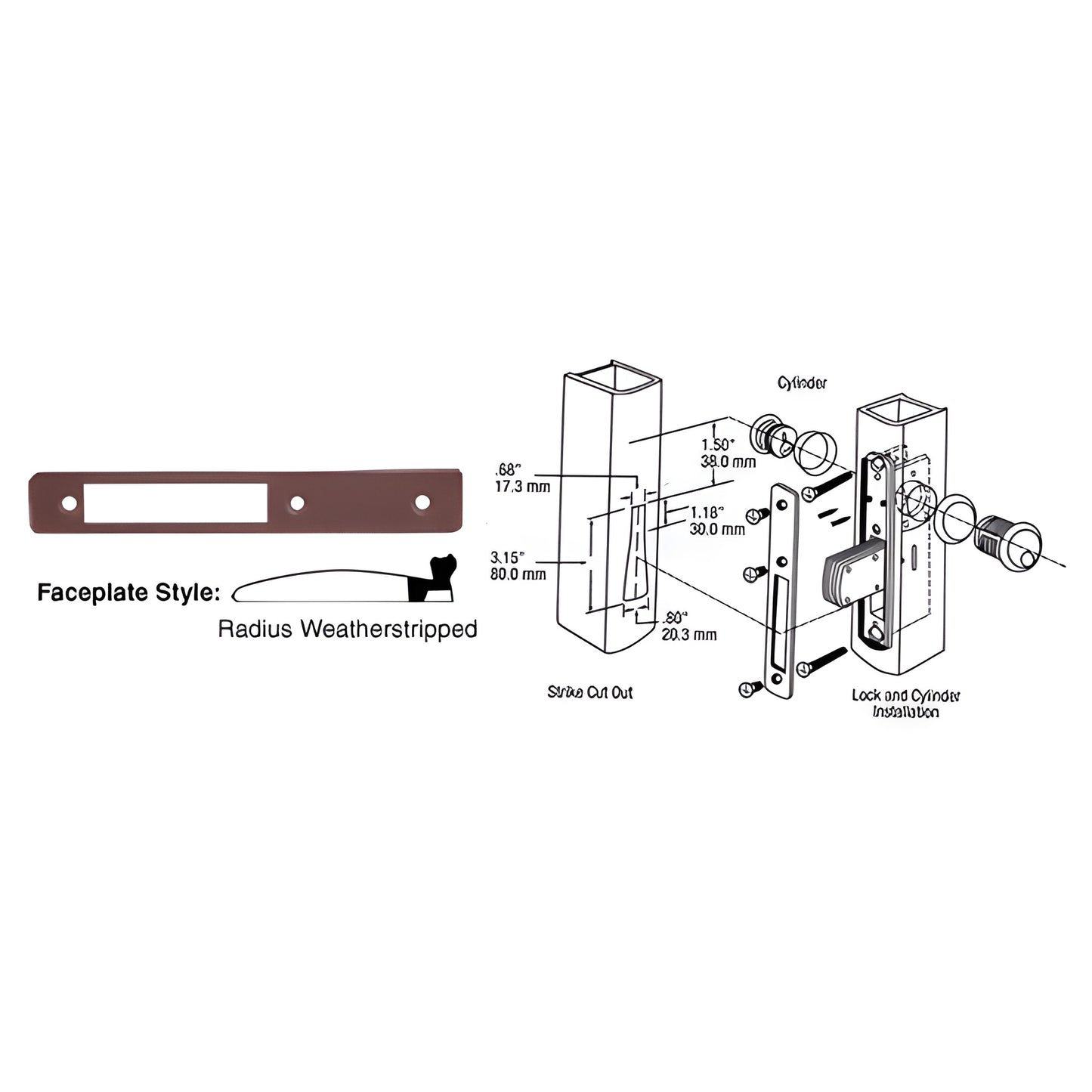 DL2113DU dark bronze radius weatherstripped deadlock faceplate 1 x 6-7/8 in, fits DL2110 series