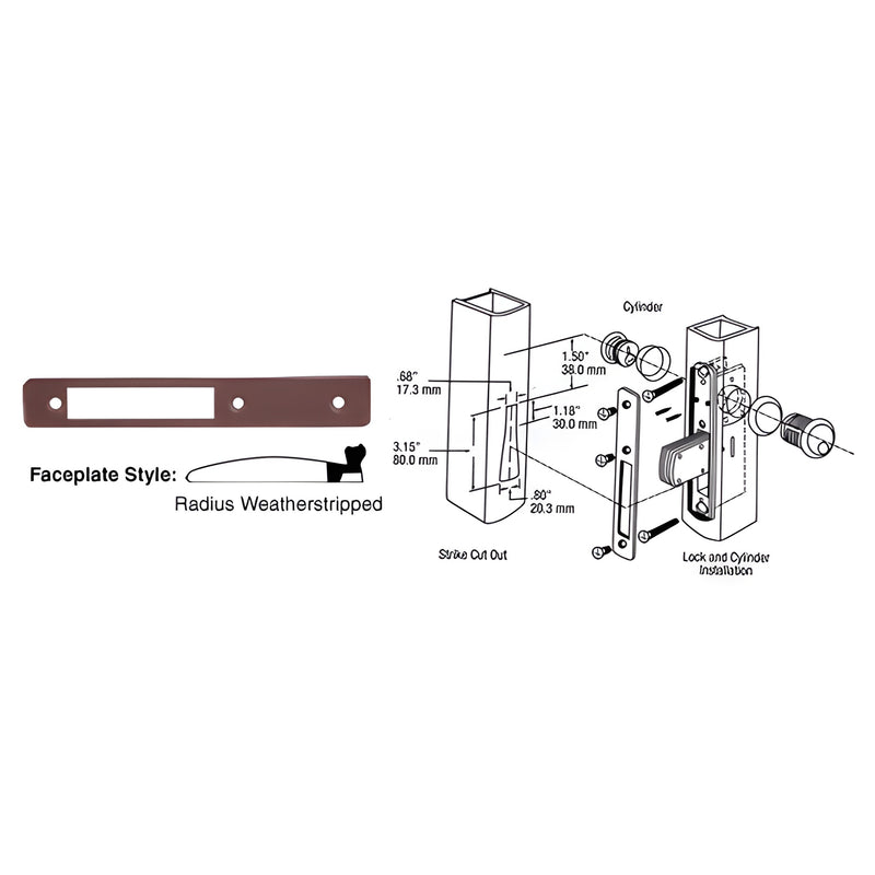 DL2113DU dark bronze radius weatherstripped deadlock faceplate 1 x 6-7/8 in, fits DL2110 series