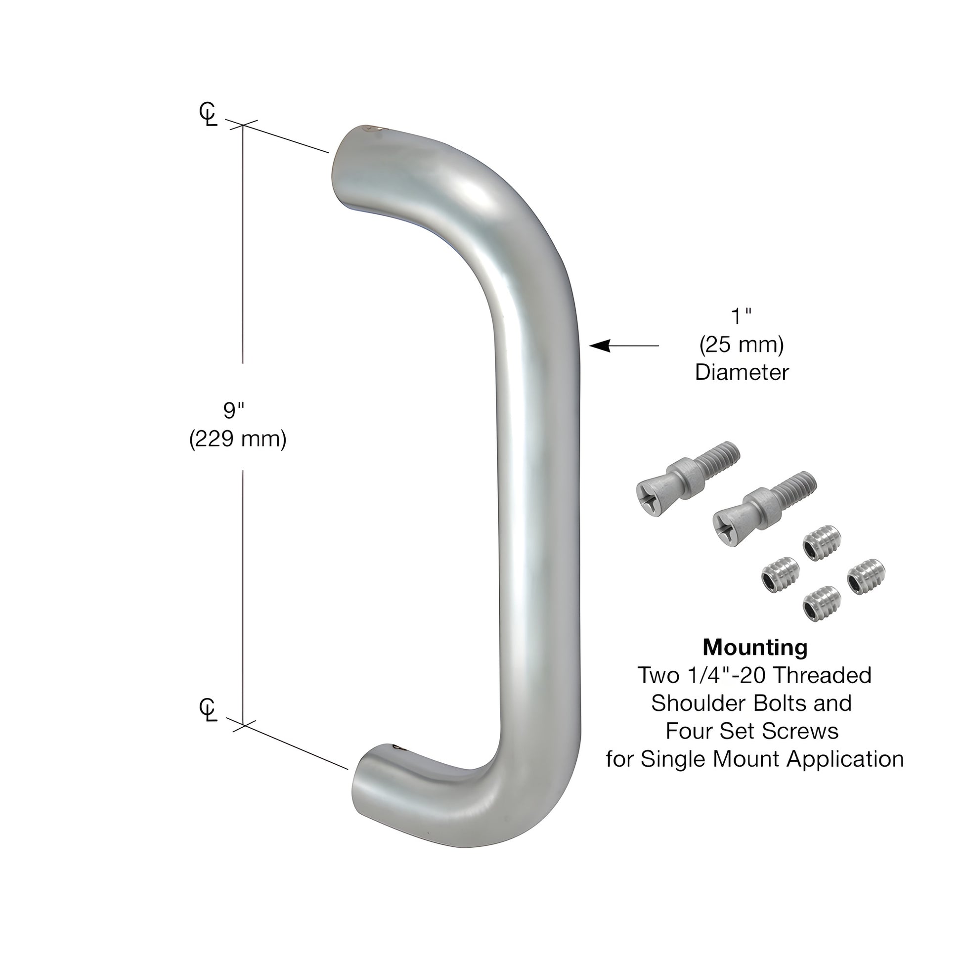 Clear-anodized extruded aluminum Astral II 1" diameter straight pull handle, 9" long, with mounting ends
